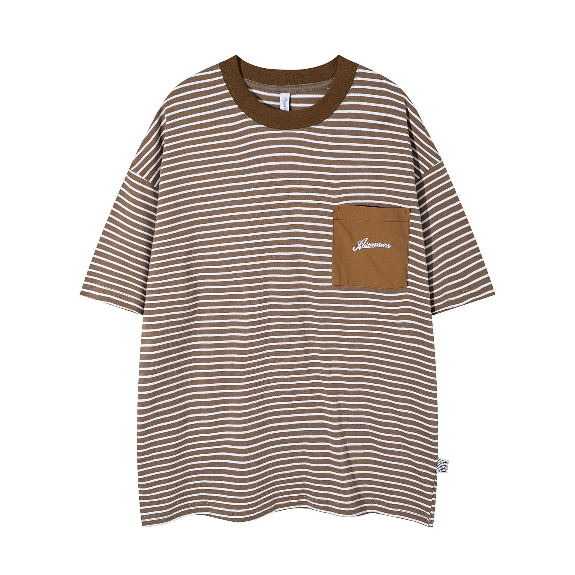 Vintage Stripe Patchwork Pocket Men's Loose Trendy Casual All-matching Half Sleeve