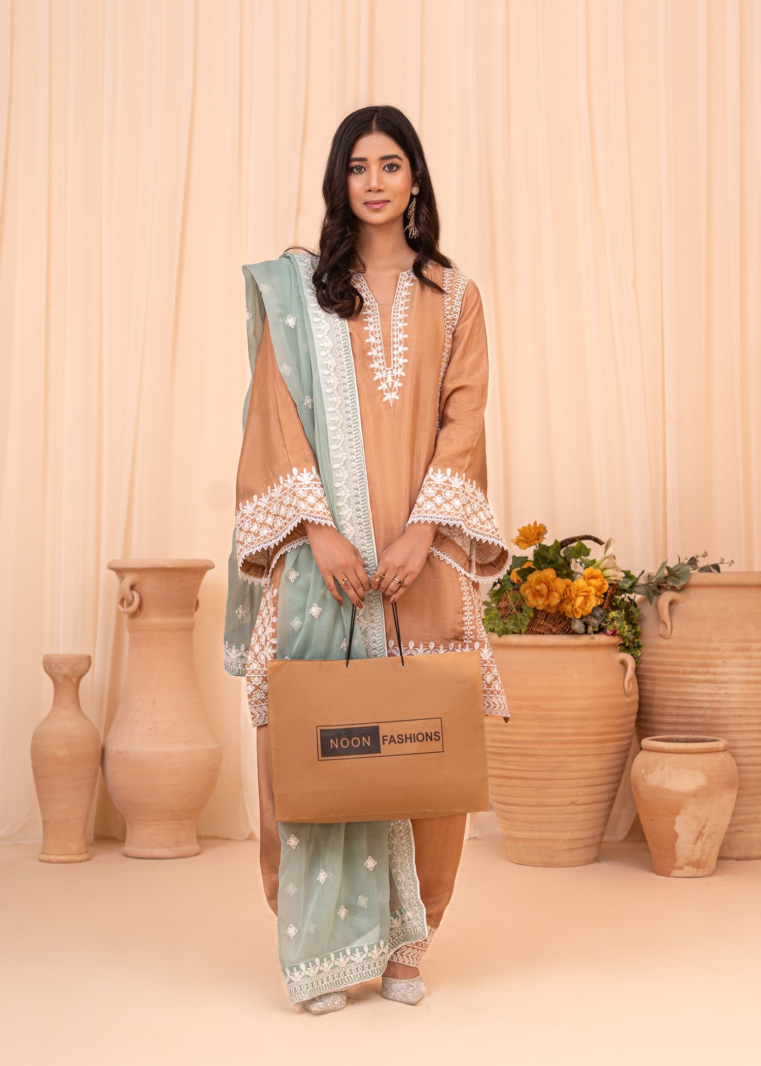 raw silk Kurta Set in Sage green, peach orange