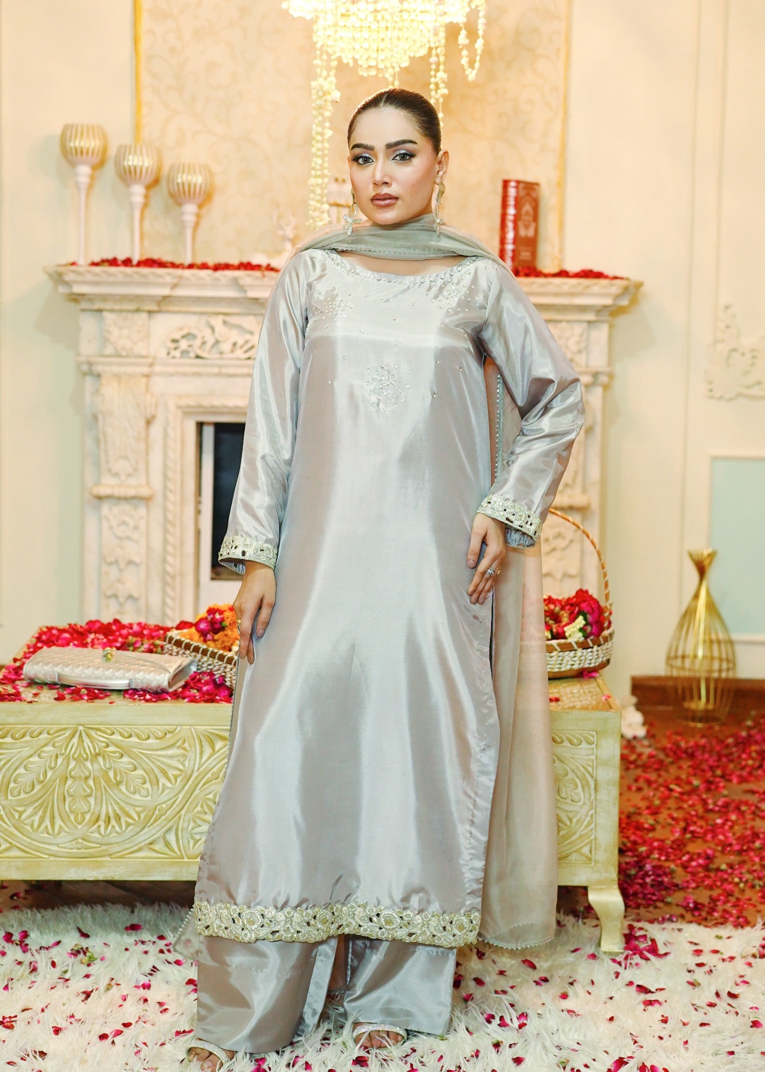 korean raw silk Kurta Set in Silver
