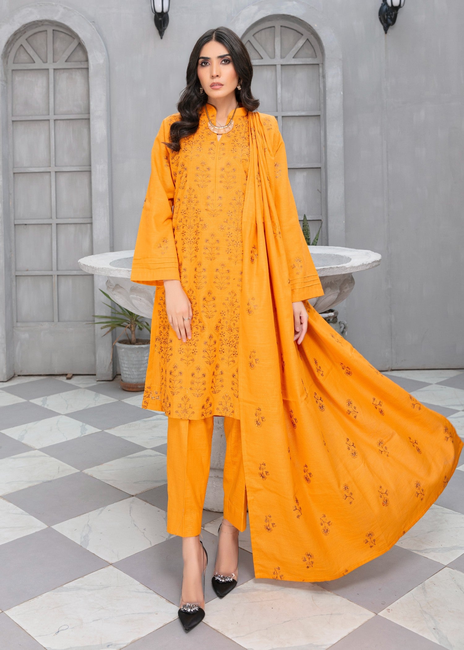 khaddar Unstitched in Pumpkin orange