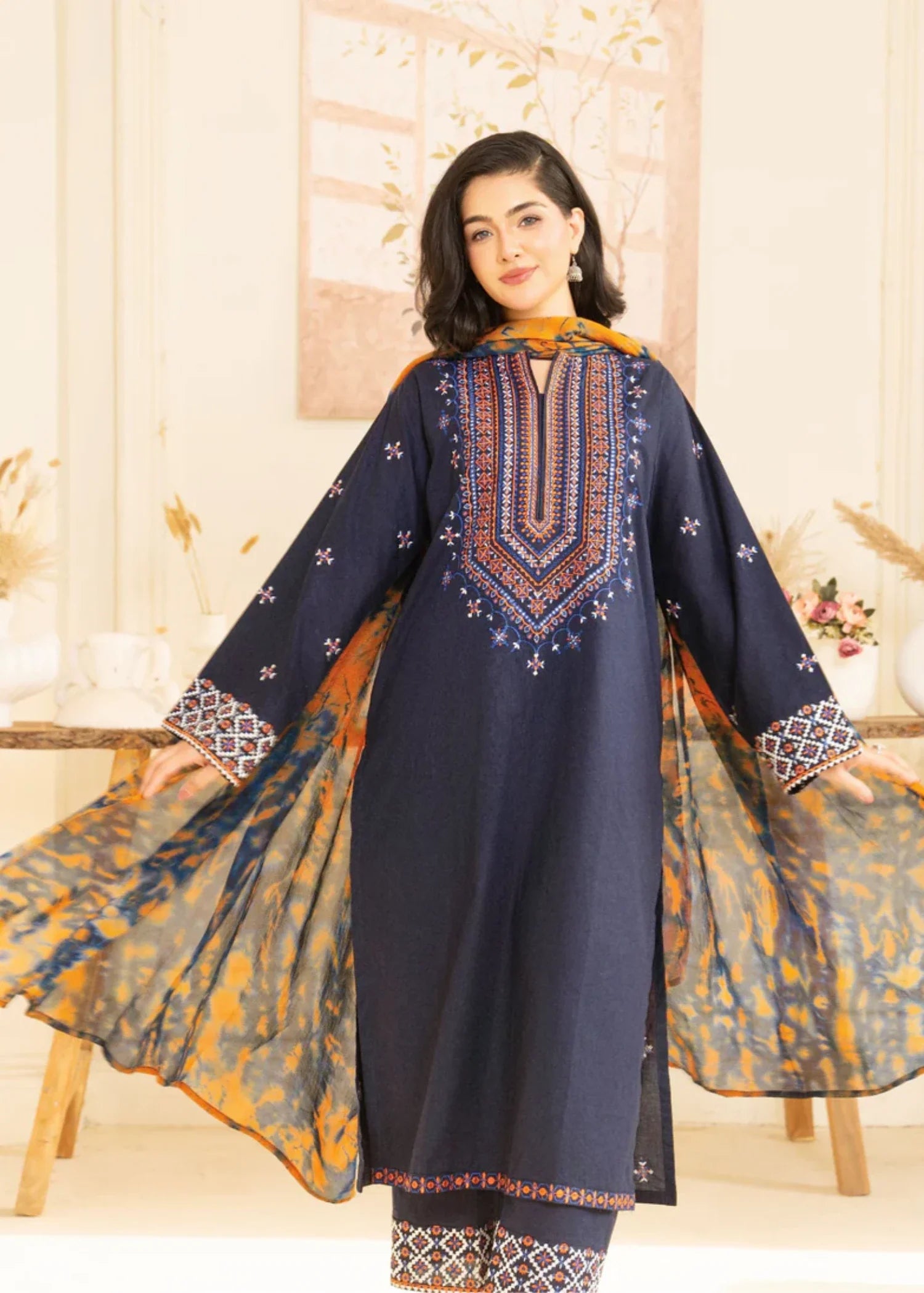 lawn cotton Kurta Set in Navy blue