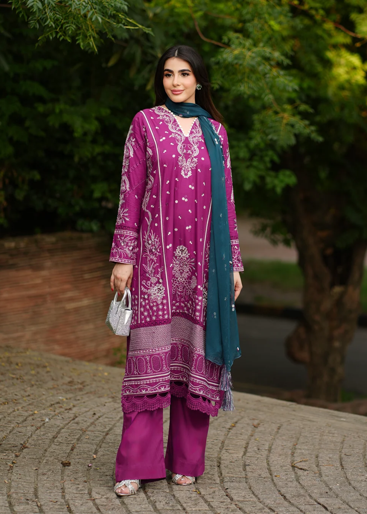lawn Kurta Set in Magenta haze