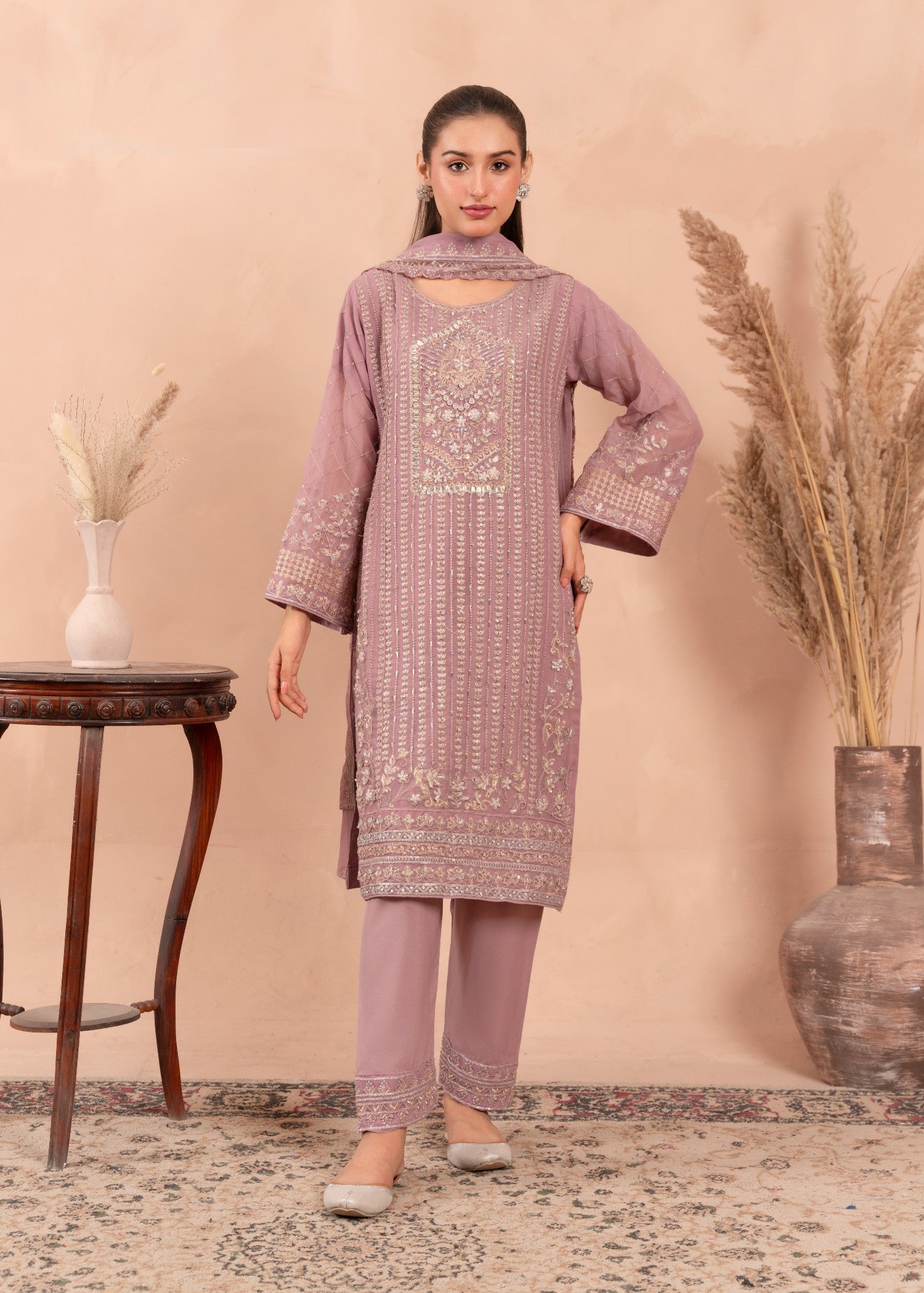 chiffon Kurta Set in Mauve pink