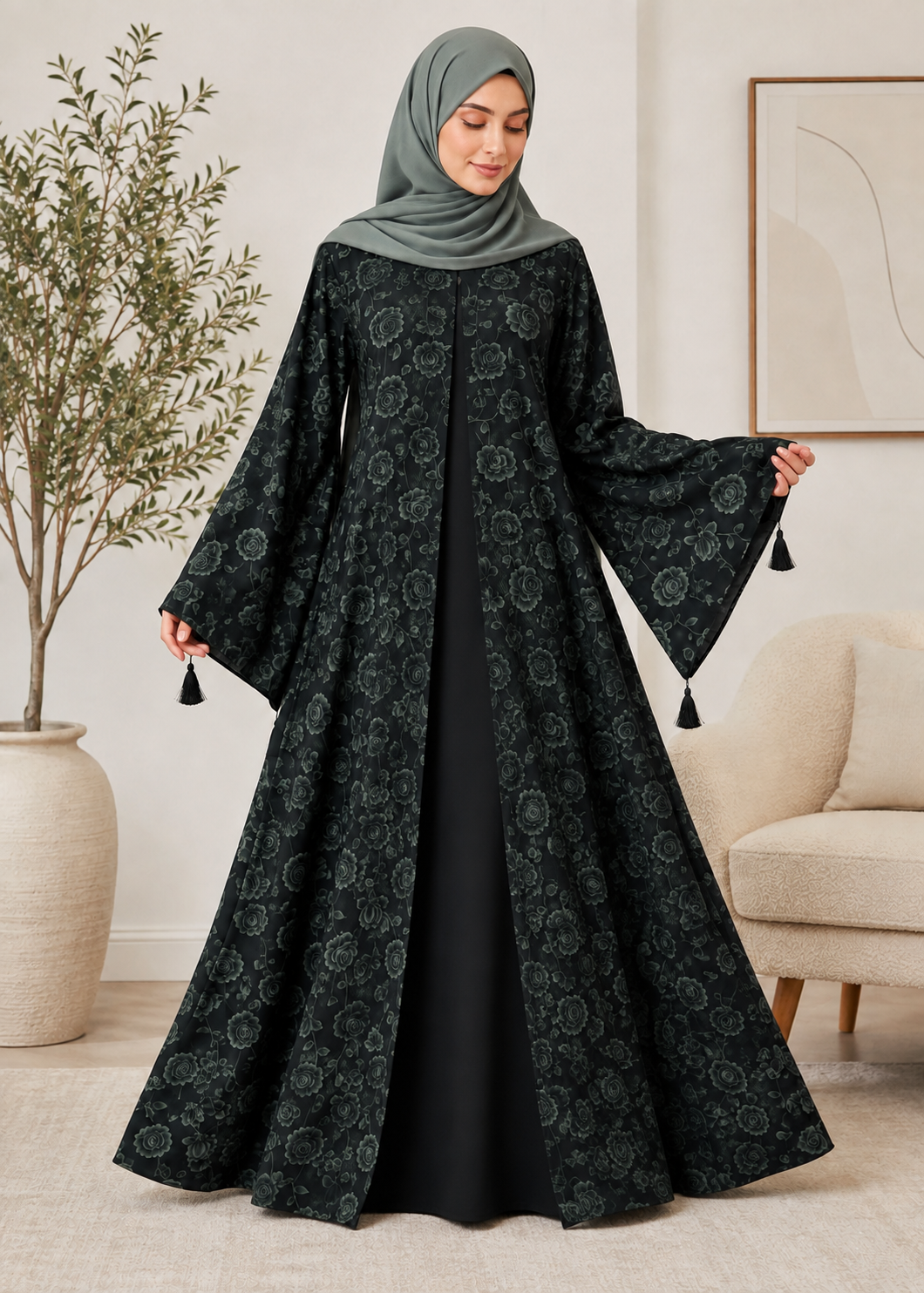 nidha Abaya in Green, black