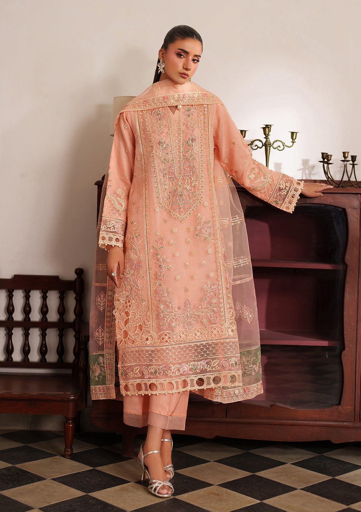 organza Kurta Set in Peach pink