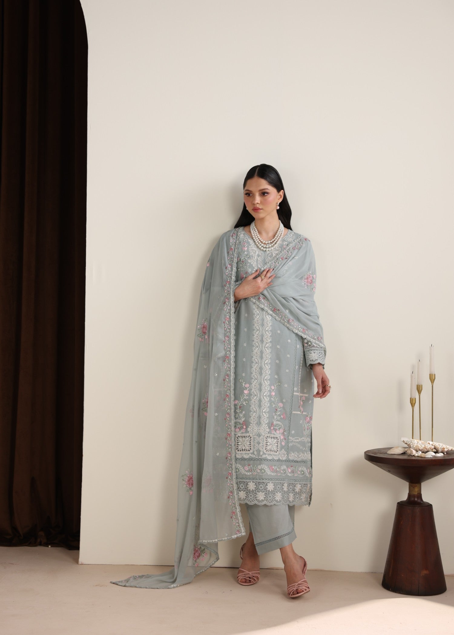 lawn Kurta Set in Ash grey