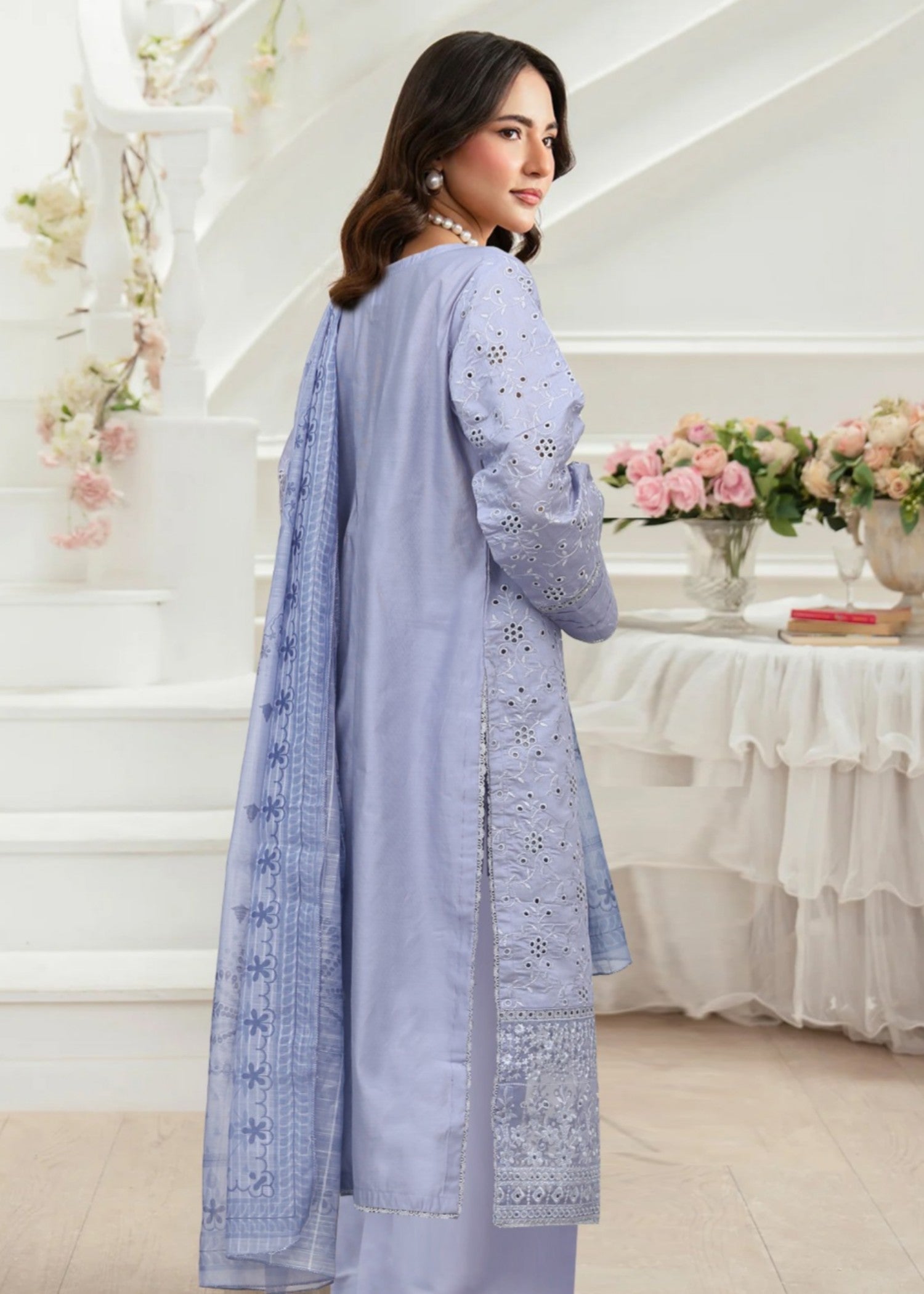cotton net Kurta Set in Duck egg grey