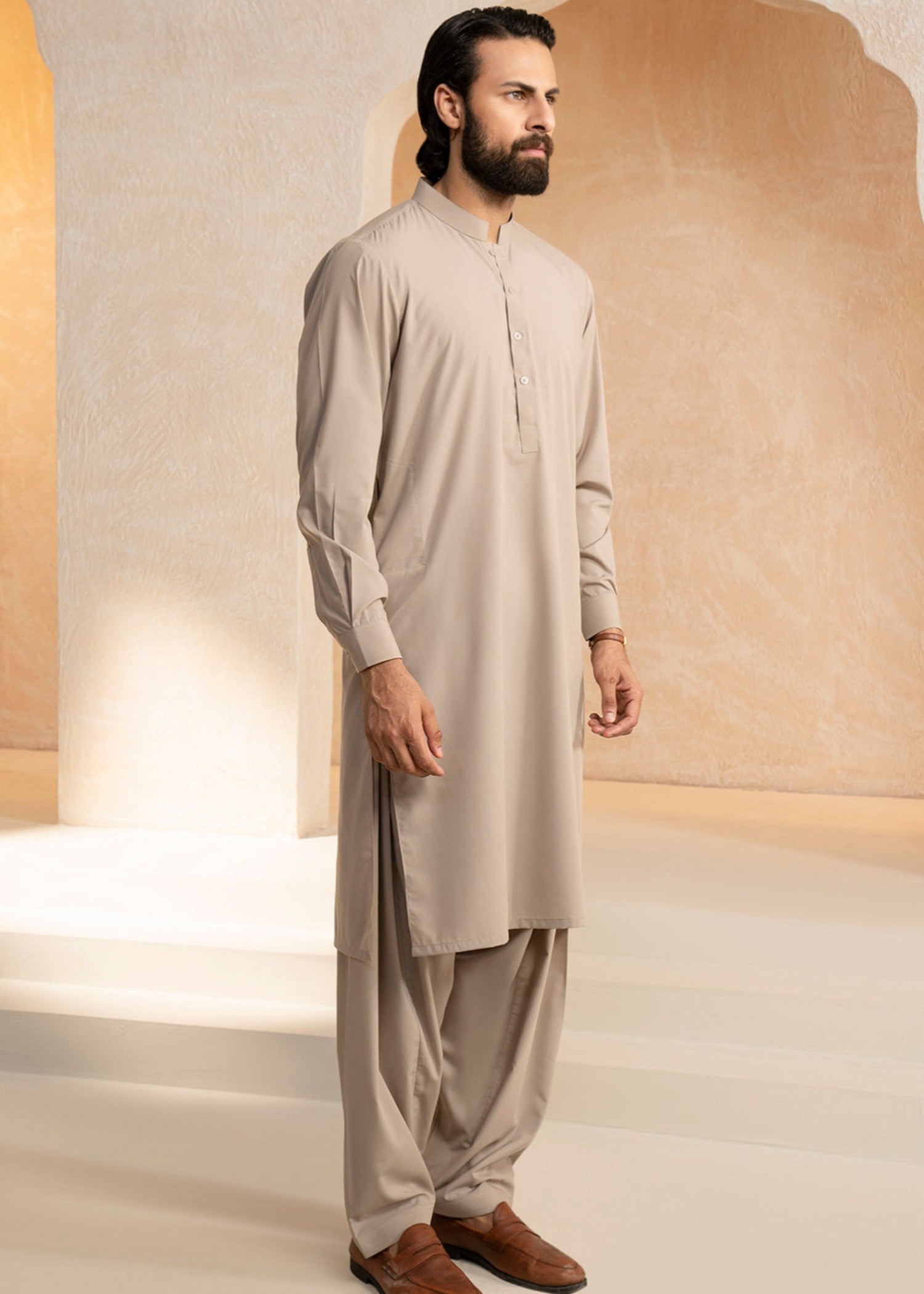 blended satin Shalwar Kameez in Beige