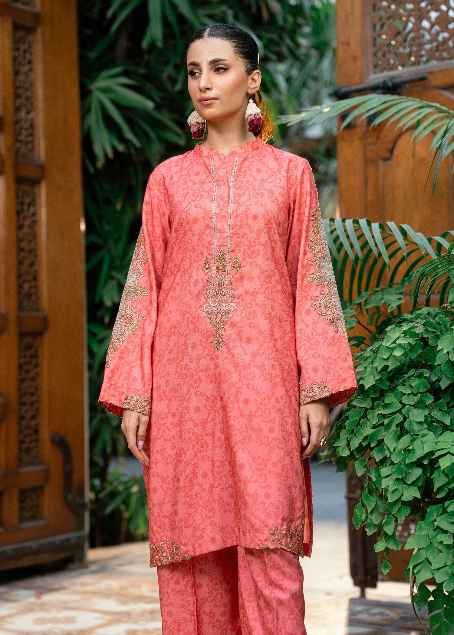 slub lawn Kurta Set in Indian pink