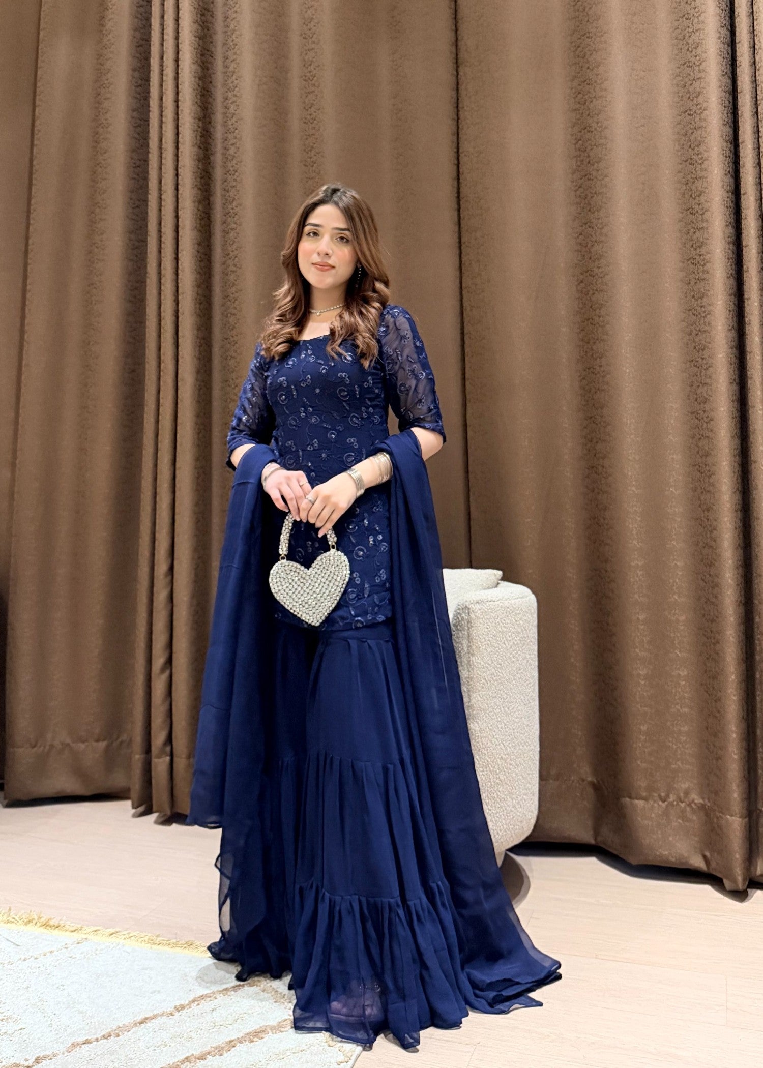 bemberg crinkle chiffon Gharara in Navy blue