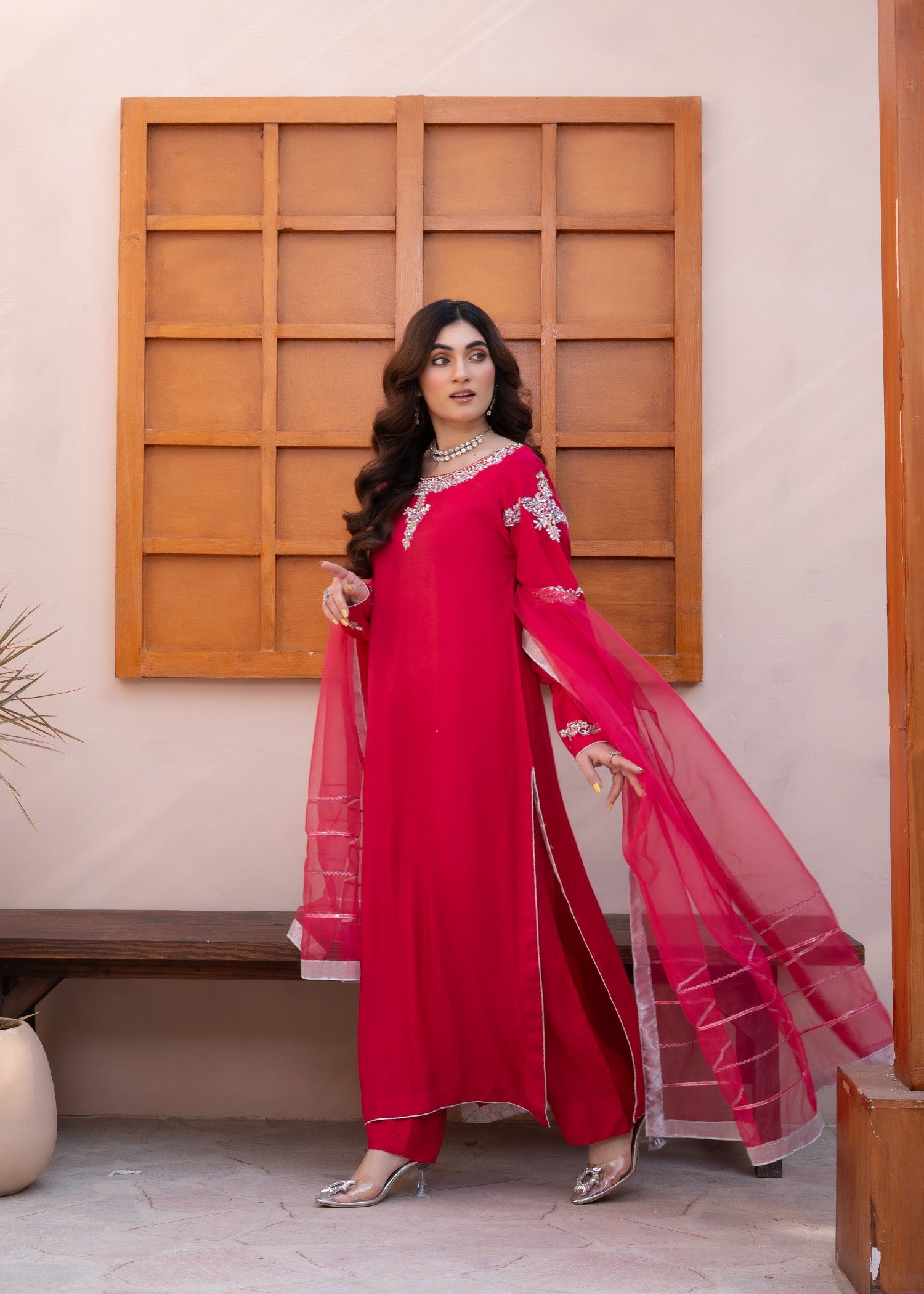 raw silk Kurta Set in Raspberry pink