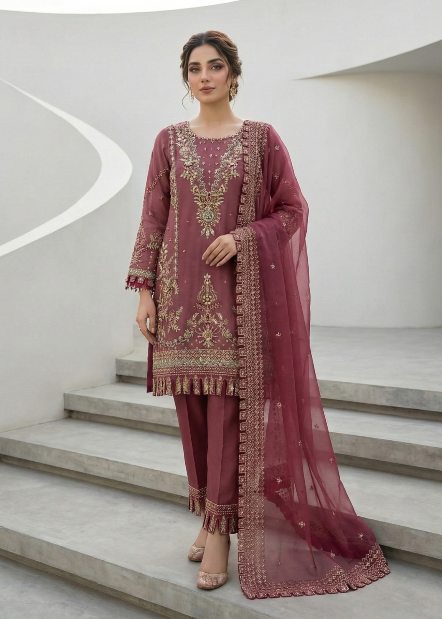 organza Kurta Set in Mauve pink