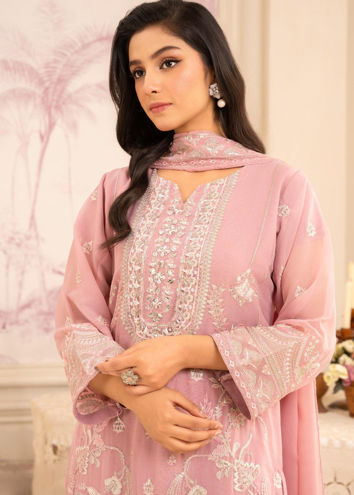 chiffon Kurta Set in Indian pink