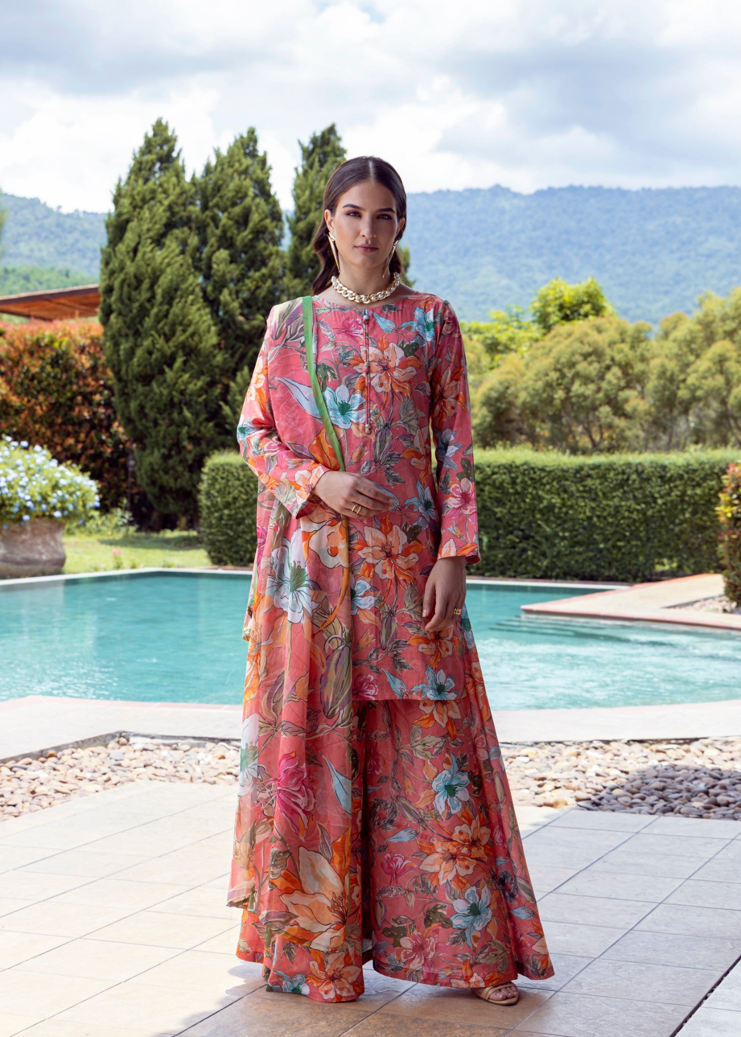 lawn Sharara in Peach pink