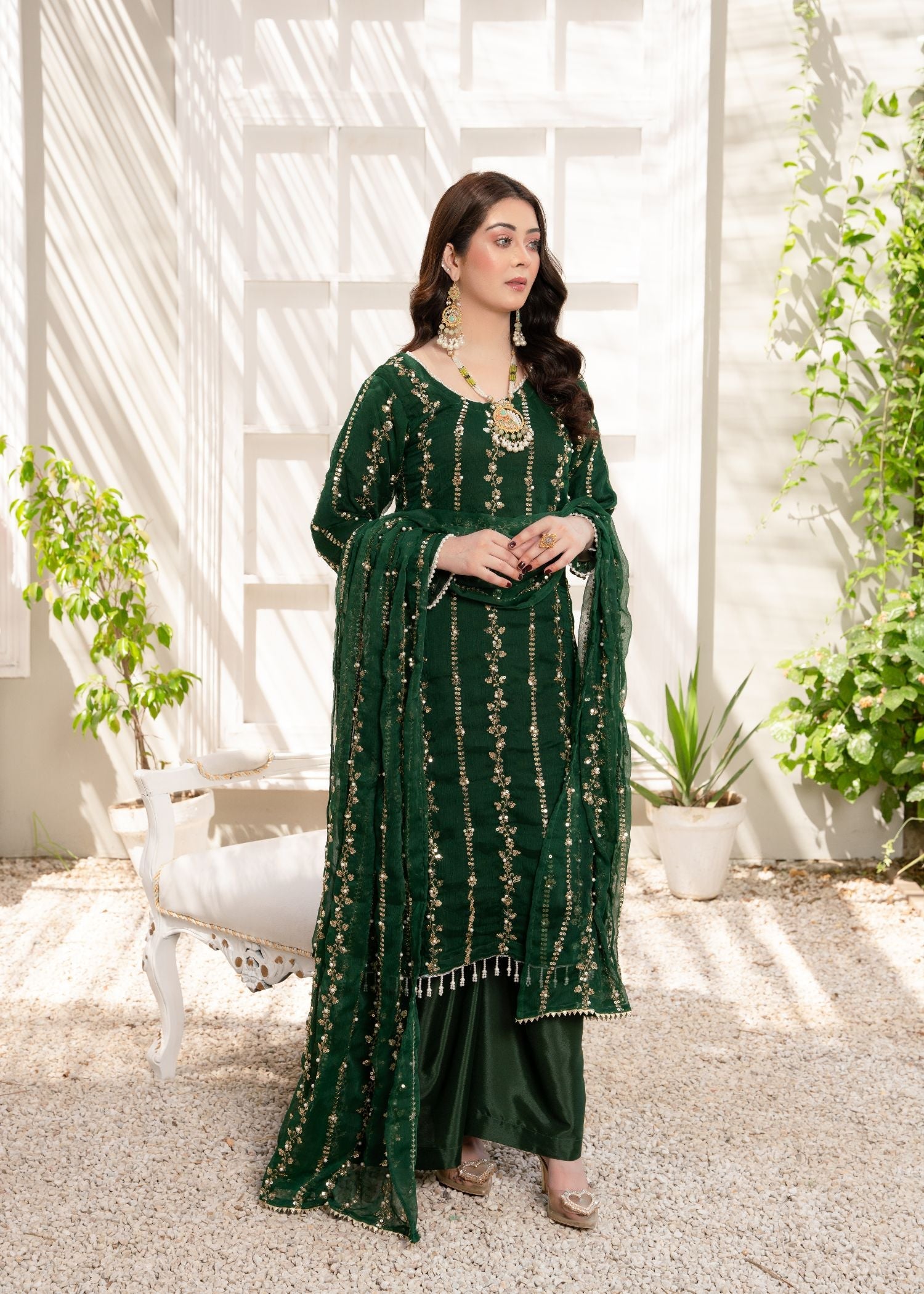 crinkle Kurta Set in Bottle green
