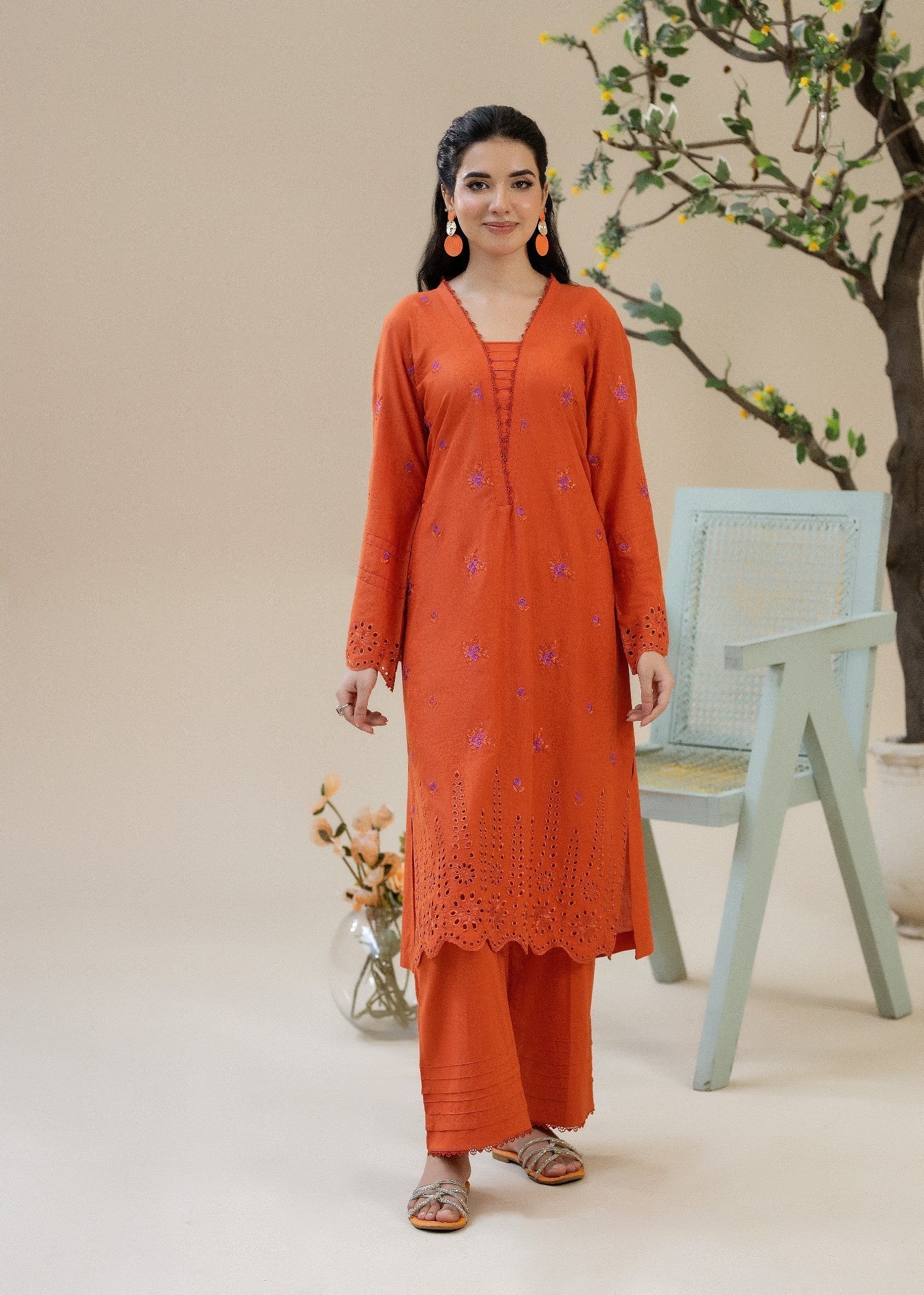 cotton Kurta Set in Persimmon
