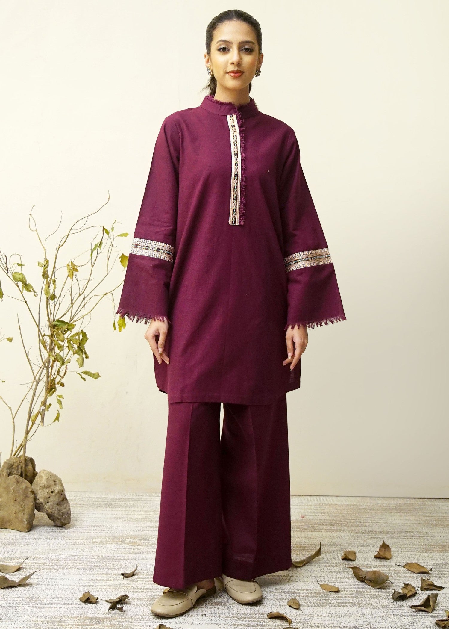 khaddar Kurta Set in Plum