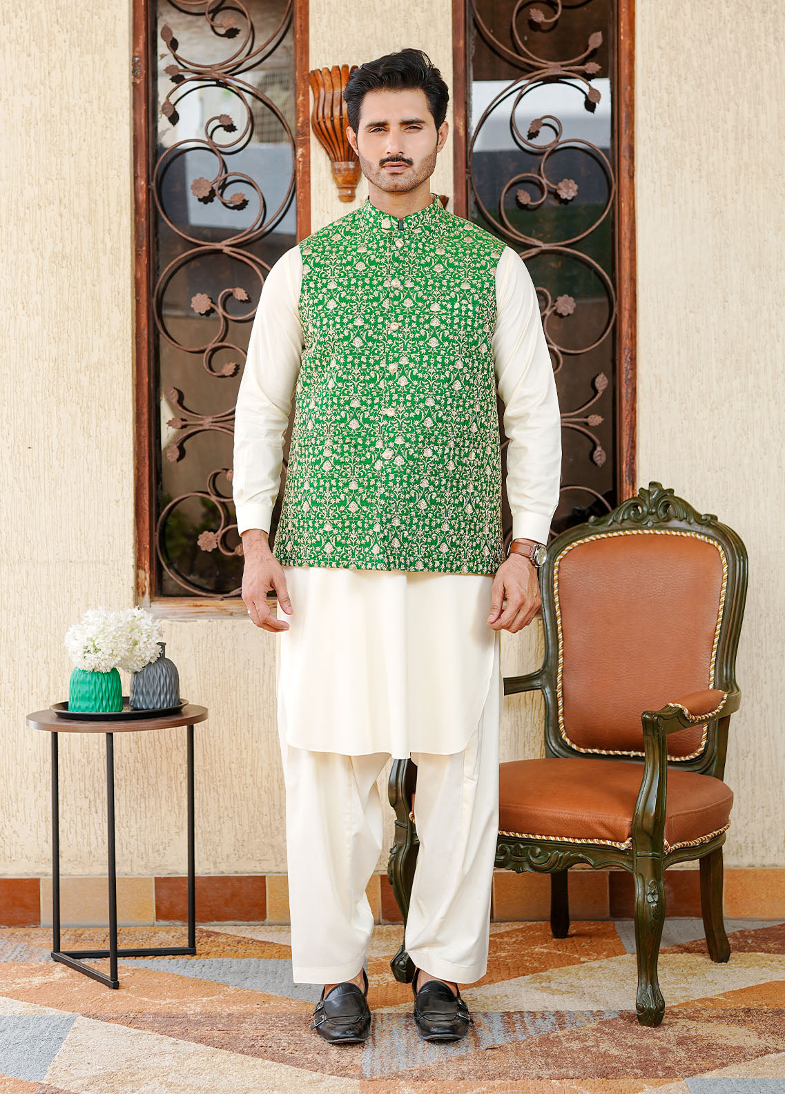 banarasi jamawar Waistcoat in Lime green