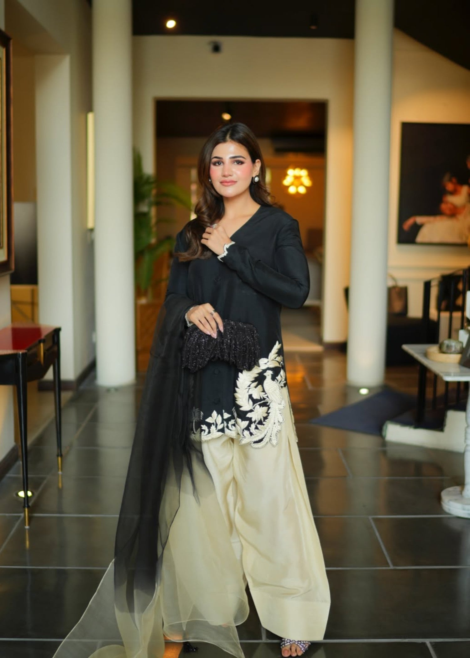 silk Kurta Set in Black, floral white