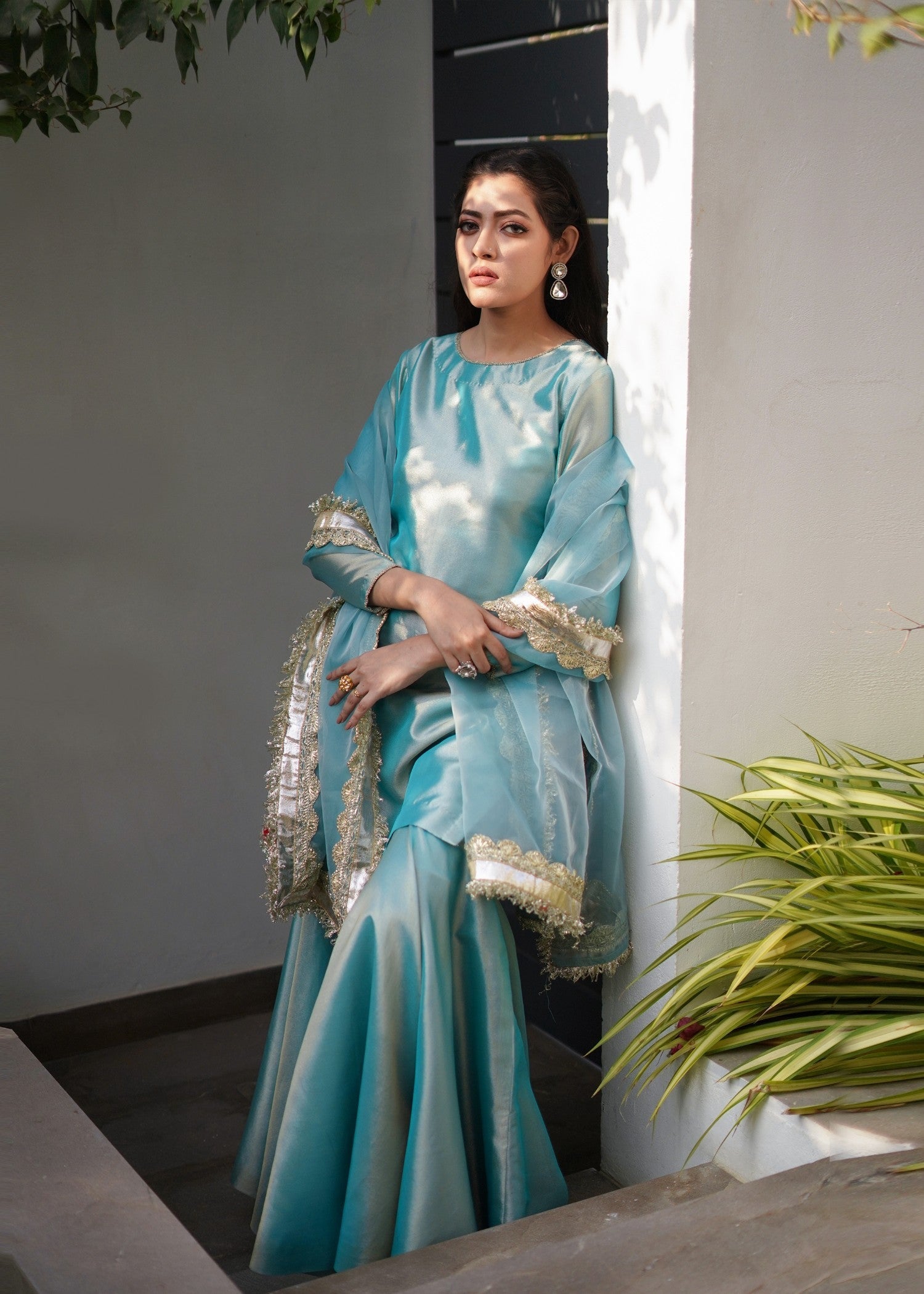 tissue Gharara in Aquamarine