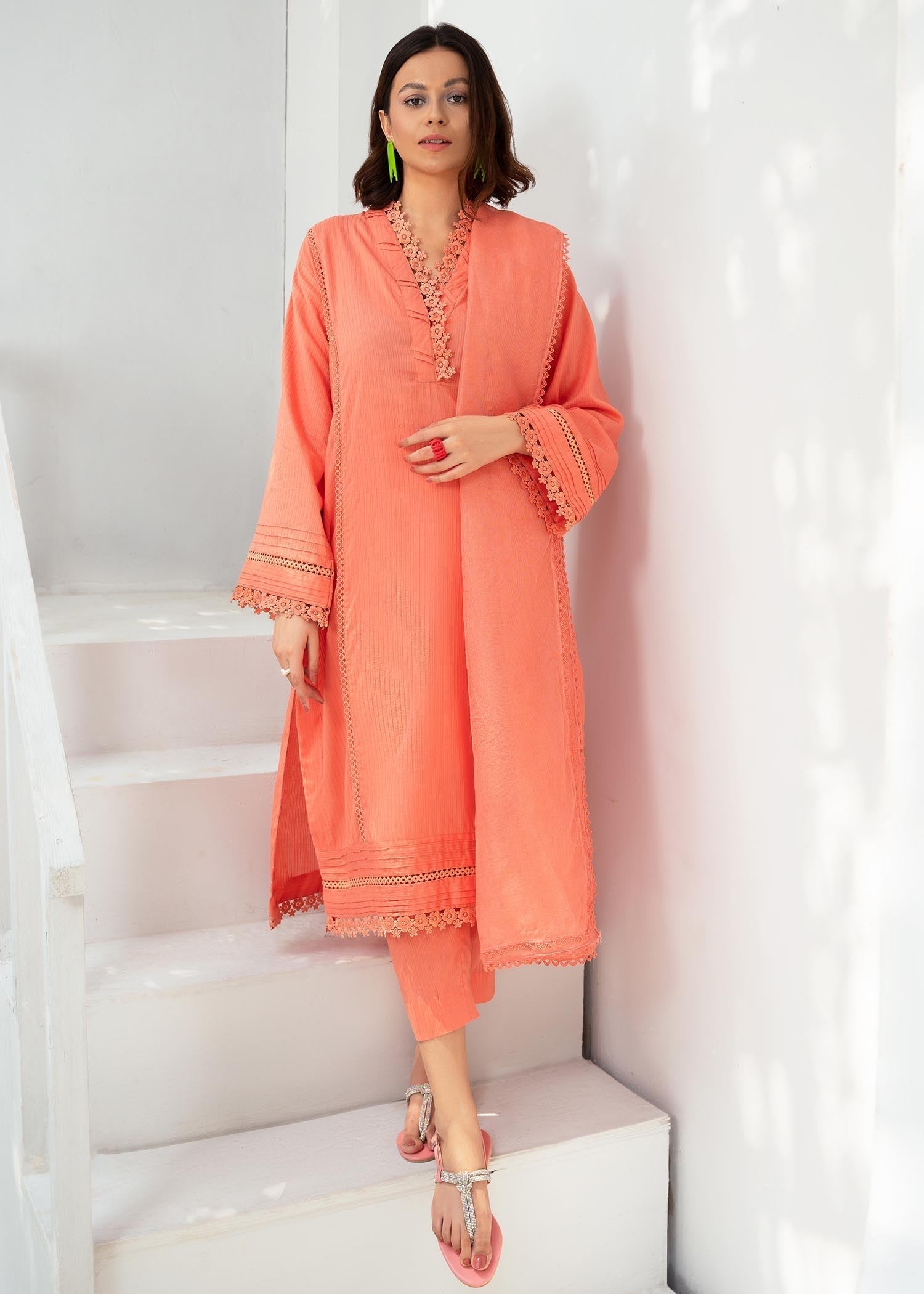 slub cambric Kurta Set in Coral orange