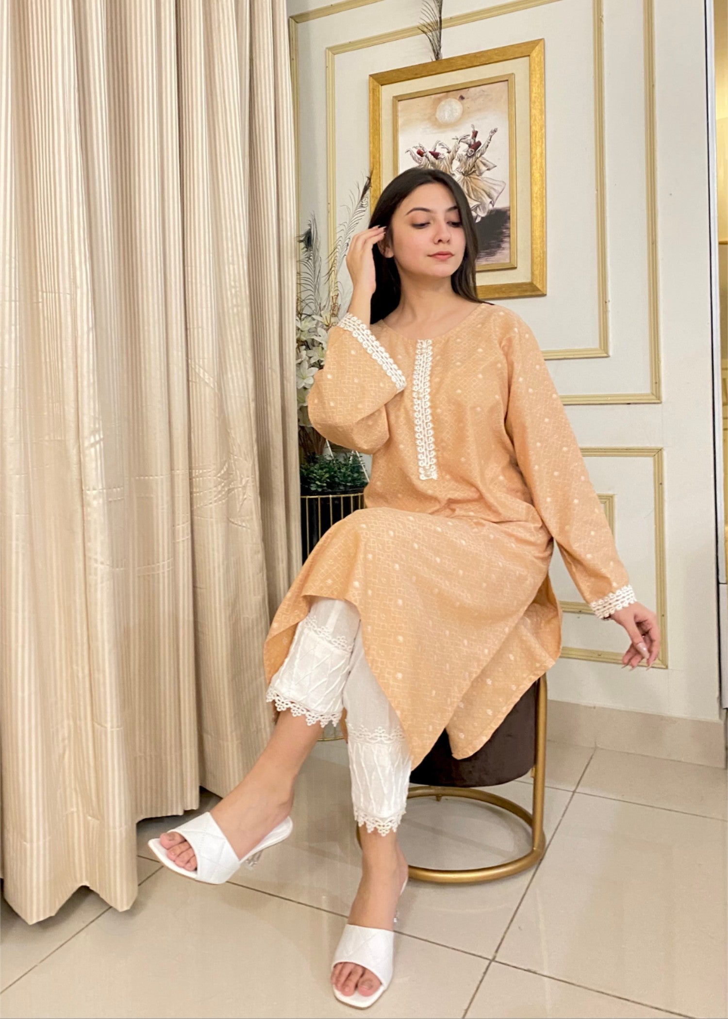 cotton Kurti in Carrot orange