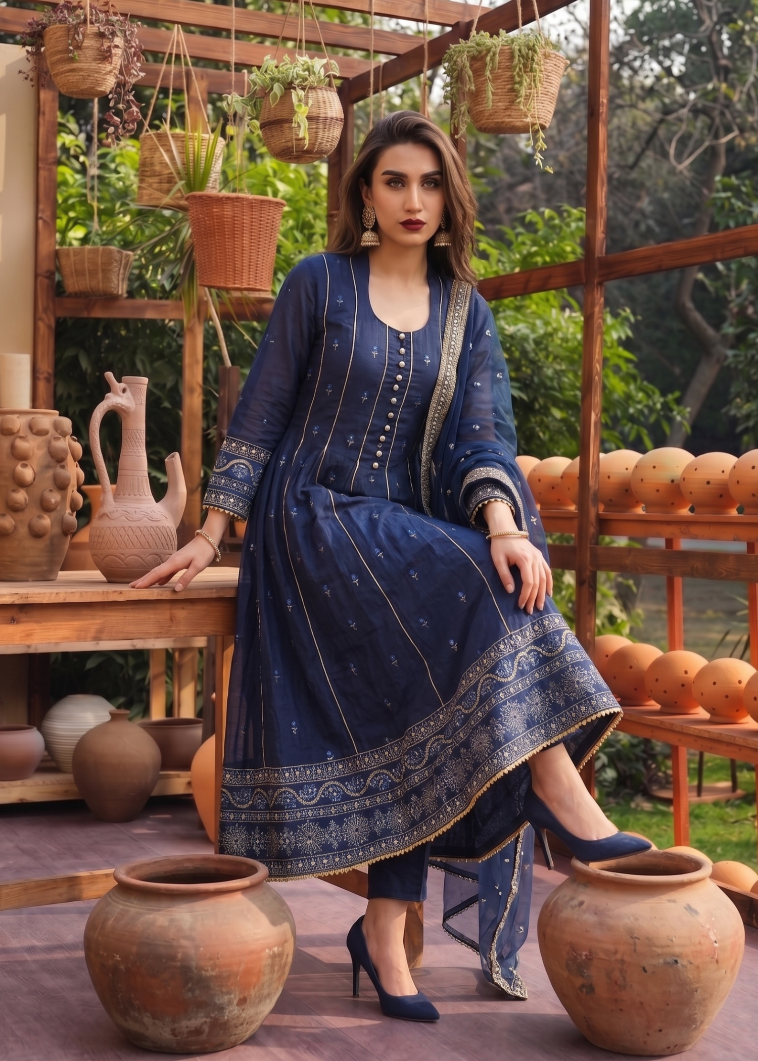 lawn Pishwas in Navy blue