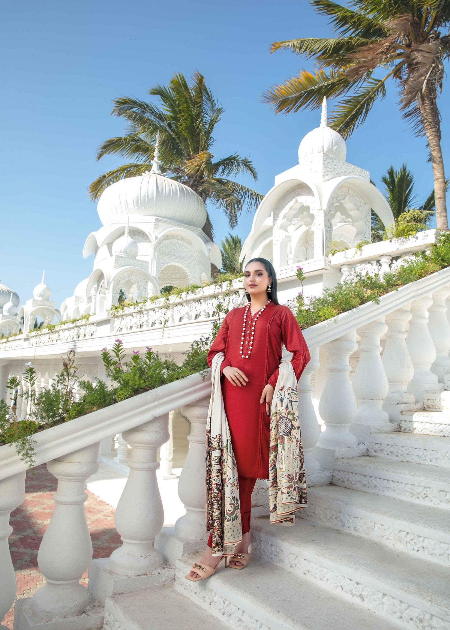 jacquard Kurta Set in Fire red