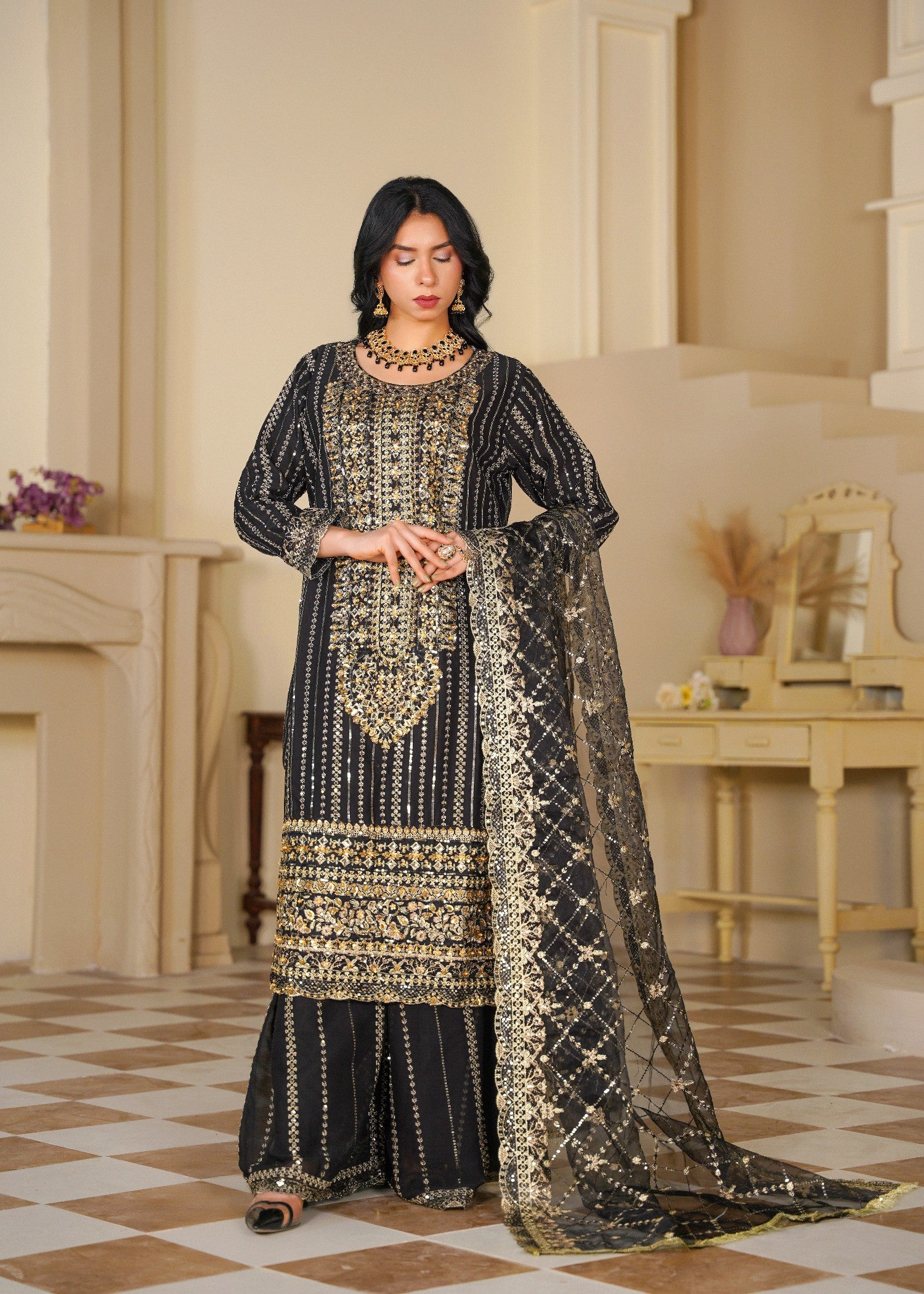 chiffon Sharara in Gold, black
