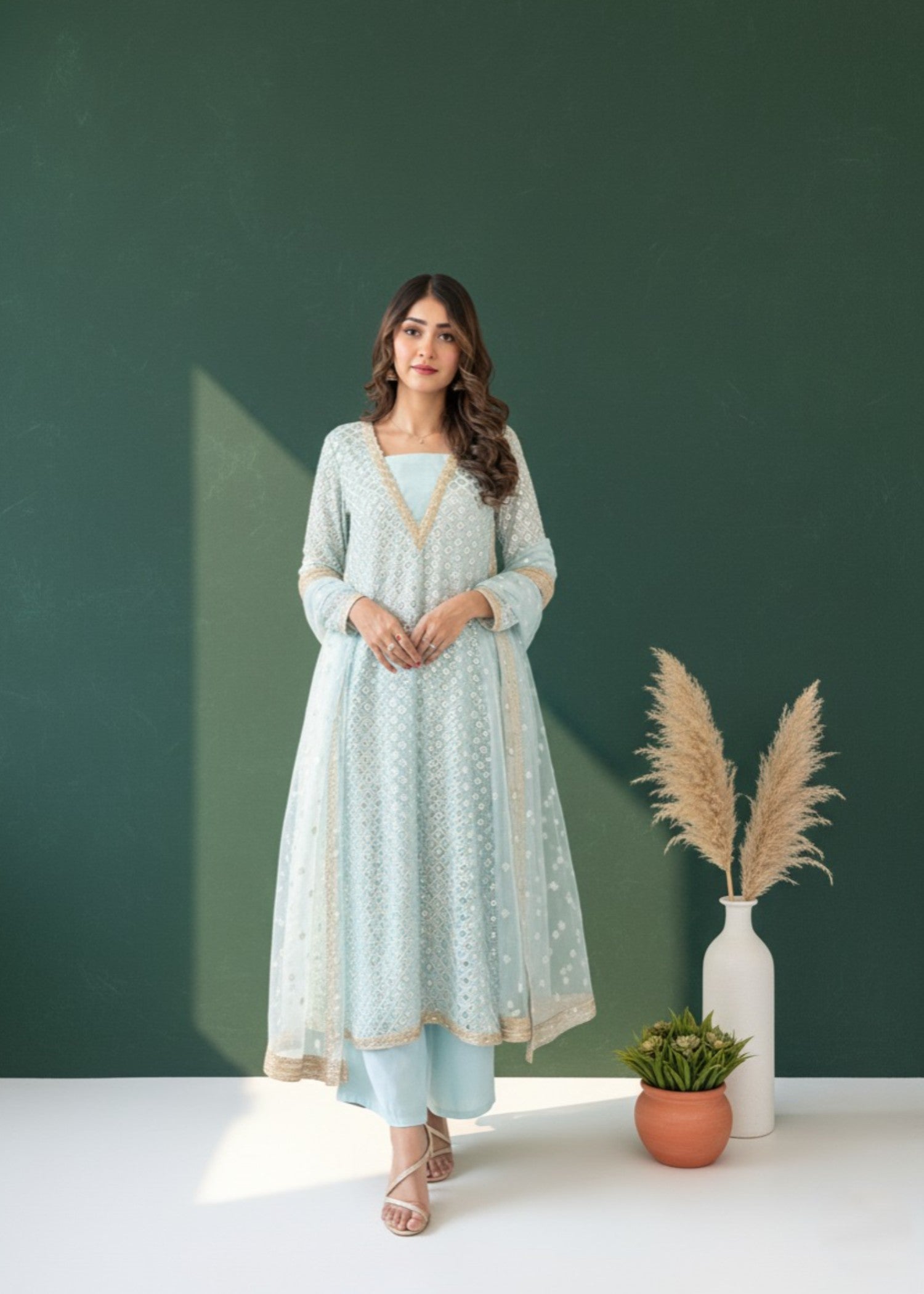 bemberg crinkle chiffon Kurta Set in Ice blue