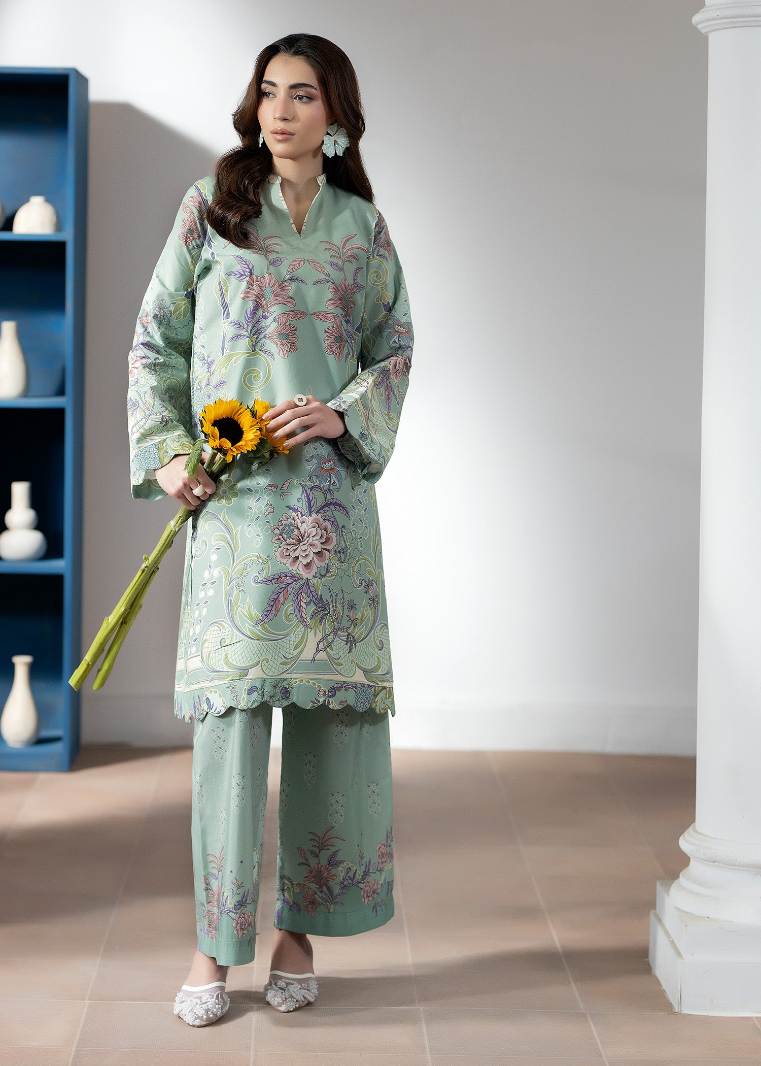 silk finish lawn Co Ord Sets in Pastel green