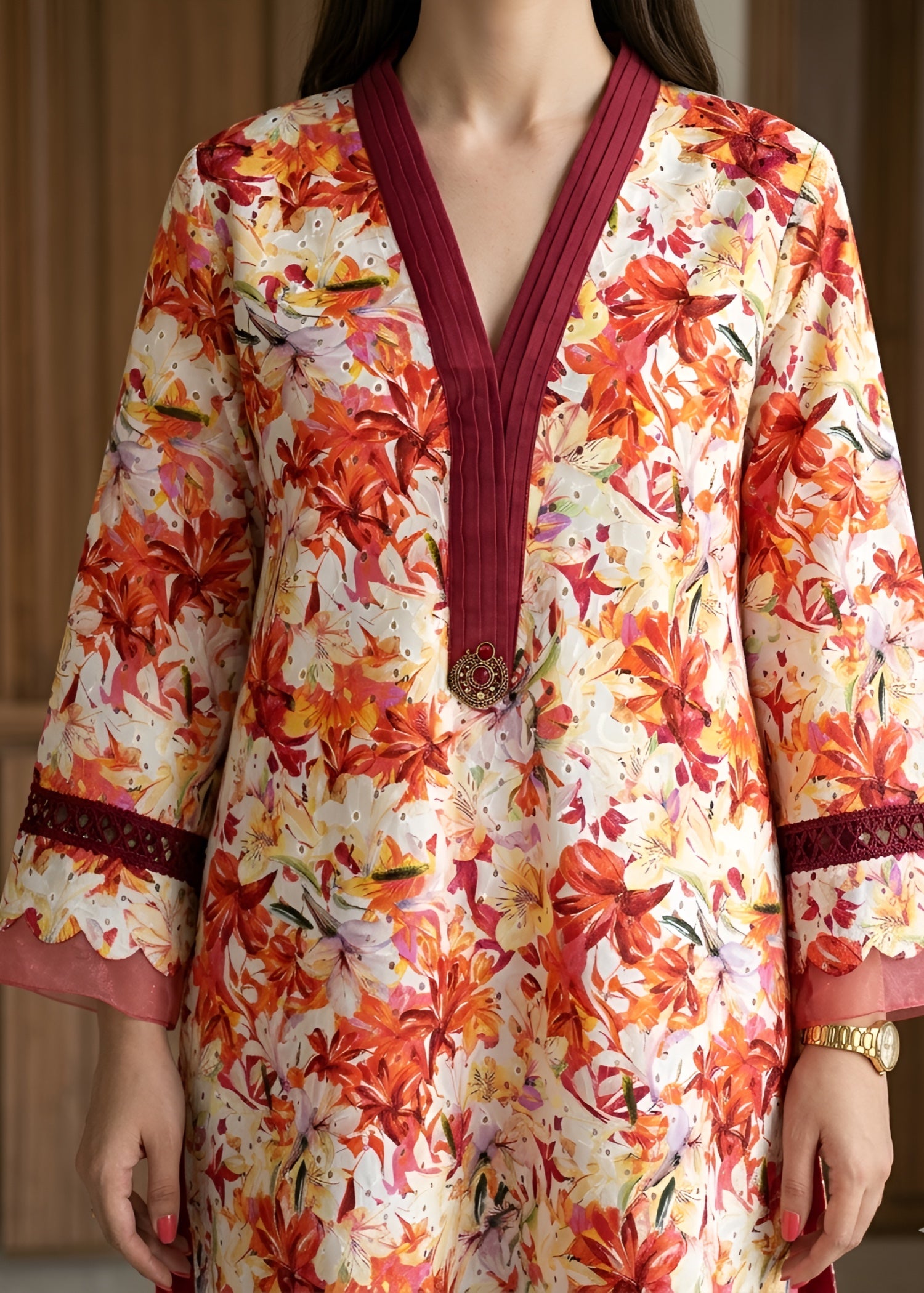 lawn Kurta Set in Maroon, coral orange, coral red