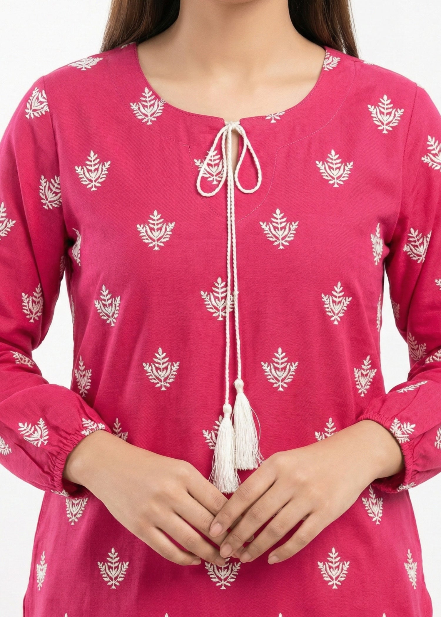 linen Kurta Set in White, hot pink