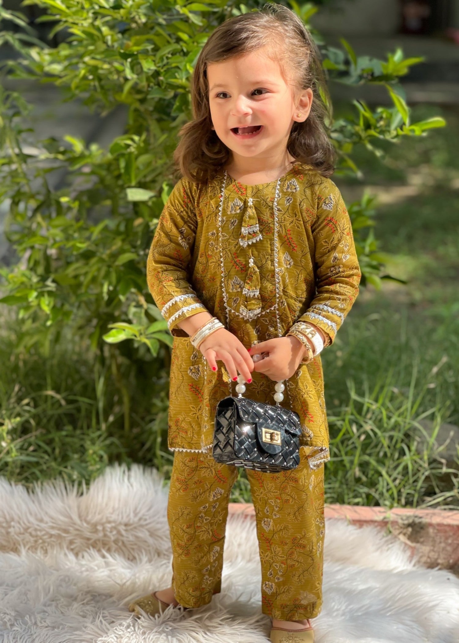 lawn Short Frock in Olive green