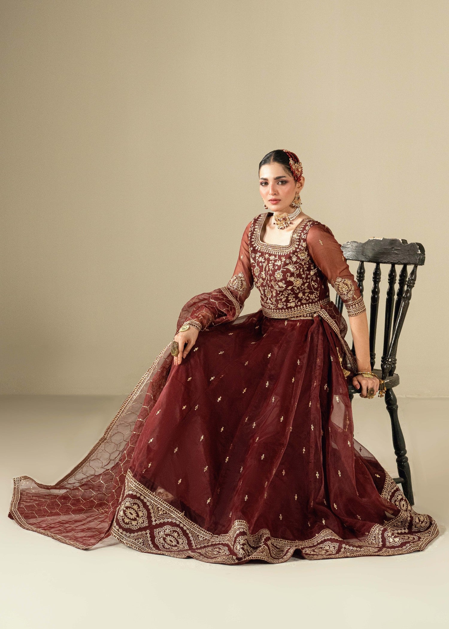 organza Lehenga in Maroon