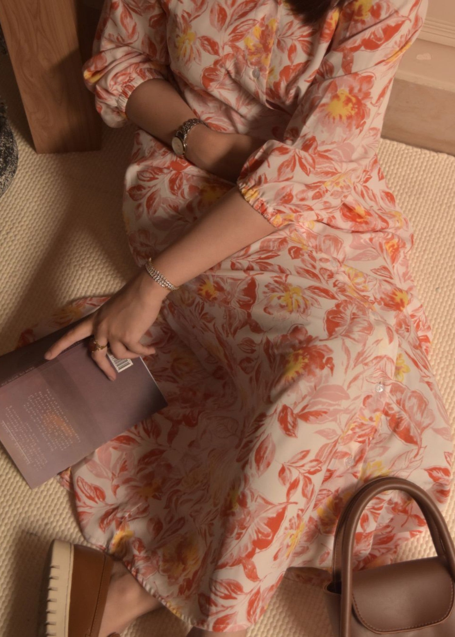 georgette Dress in Peach pink, off-white