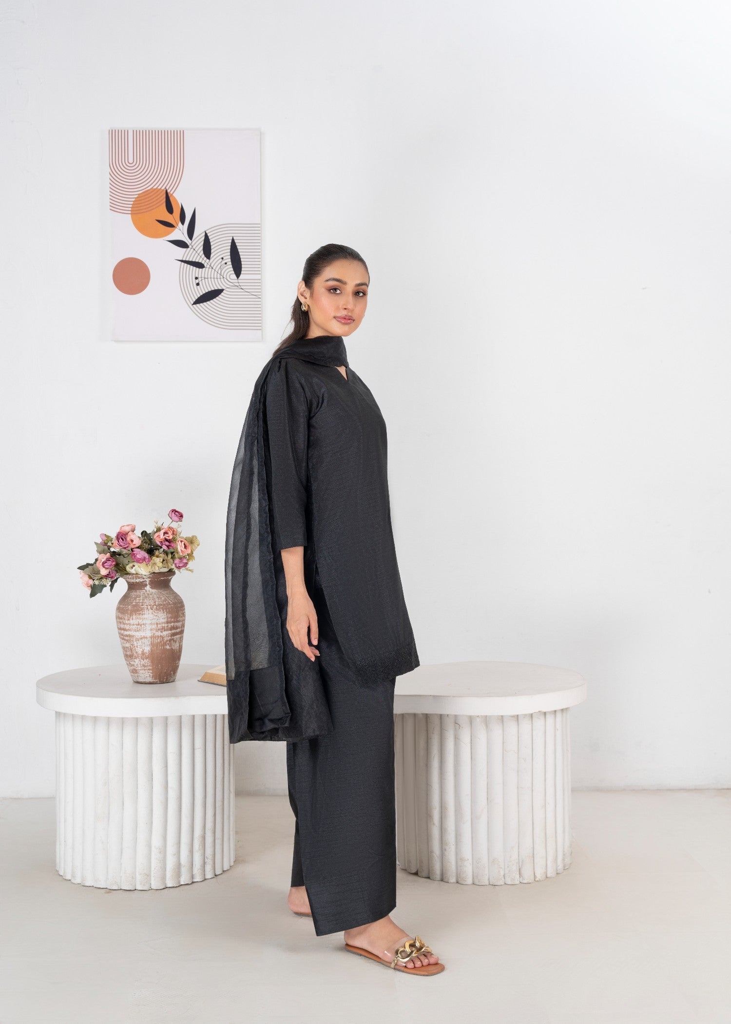indian raw silk Kurta Set in Black