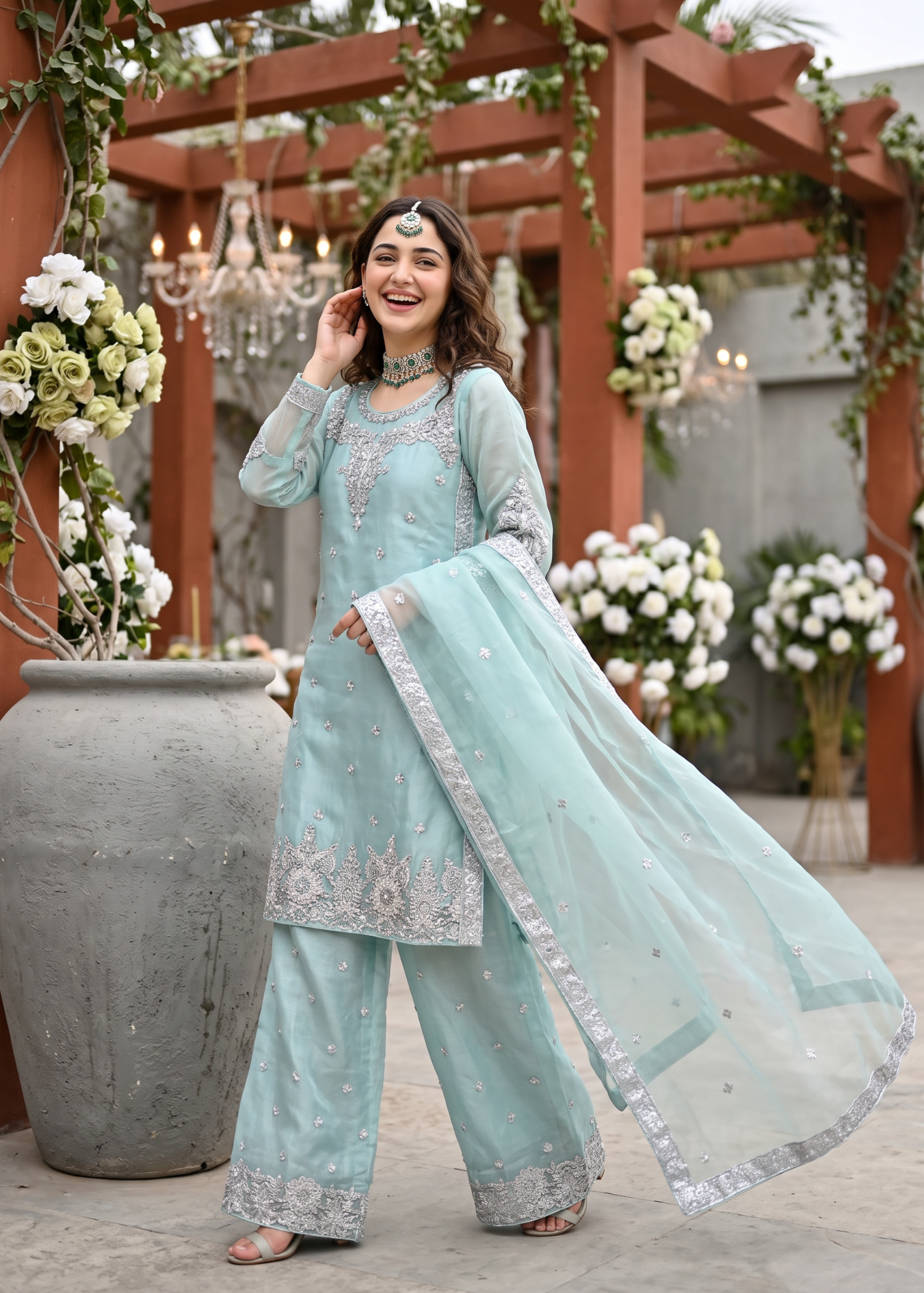 organza Kurta Set in Aquamarine