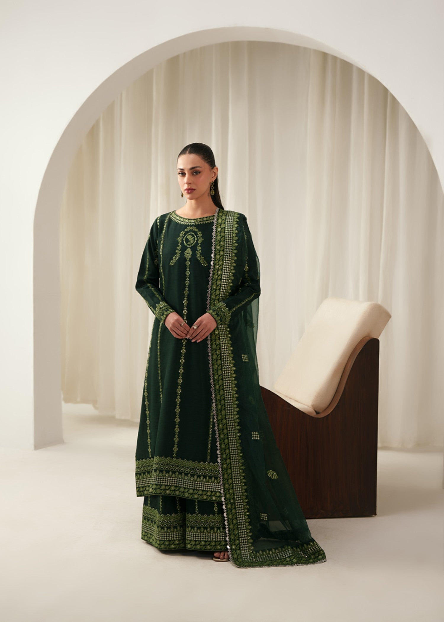 korean raw silk Kurta Set in Dark green