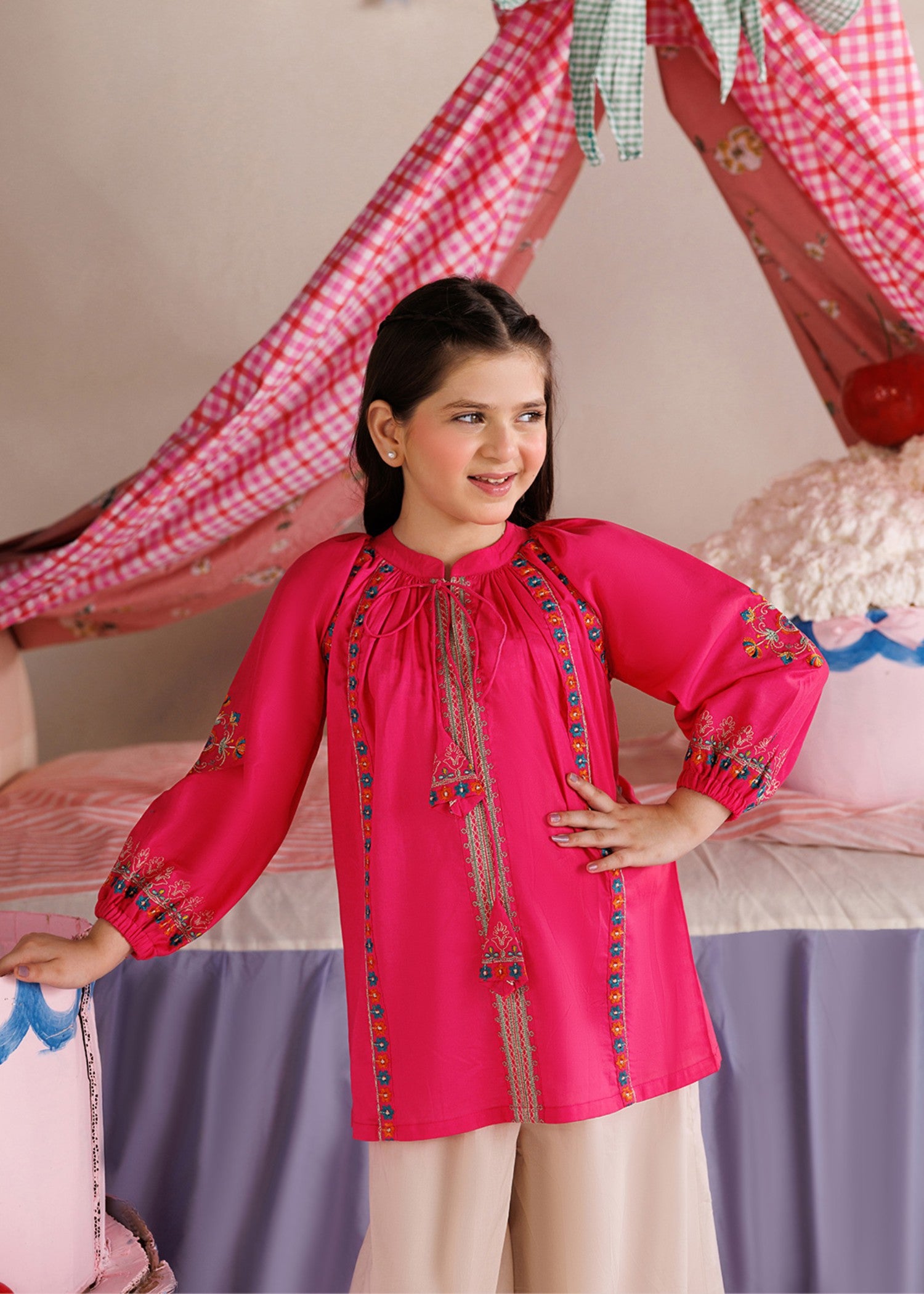 lawn Short Frock in Hot pink