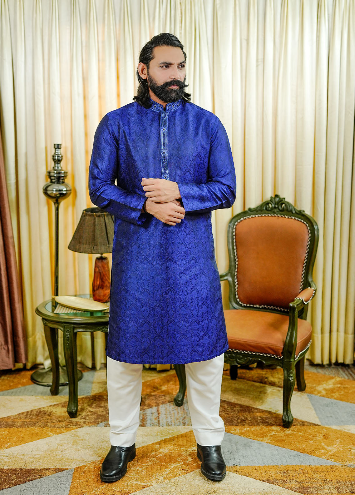 traditional jamawar Kurta in Blue