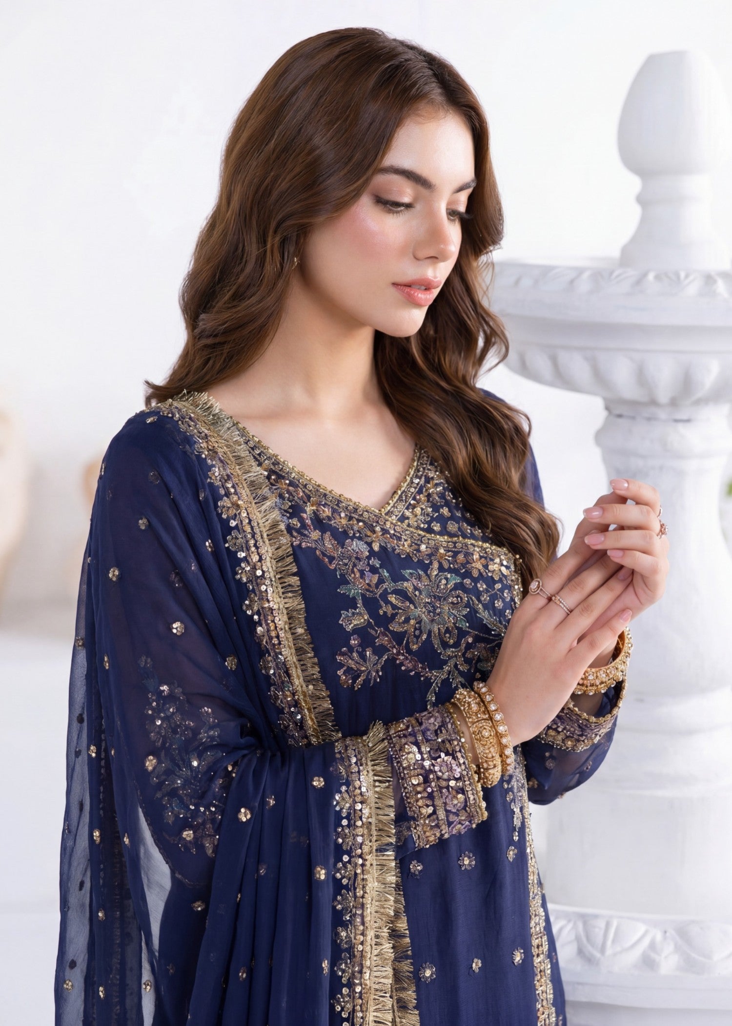 chiffon Gharara in Navy blue