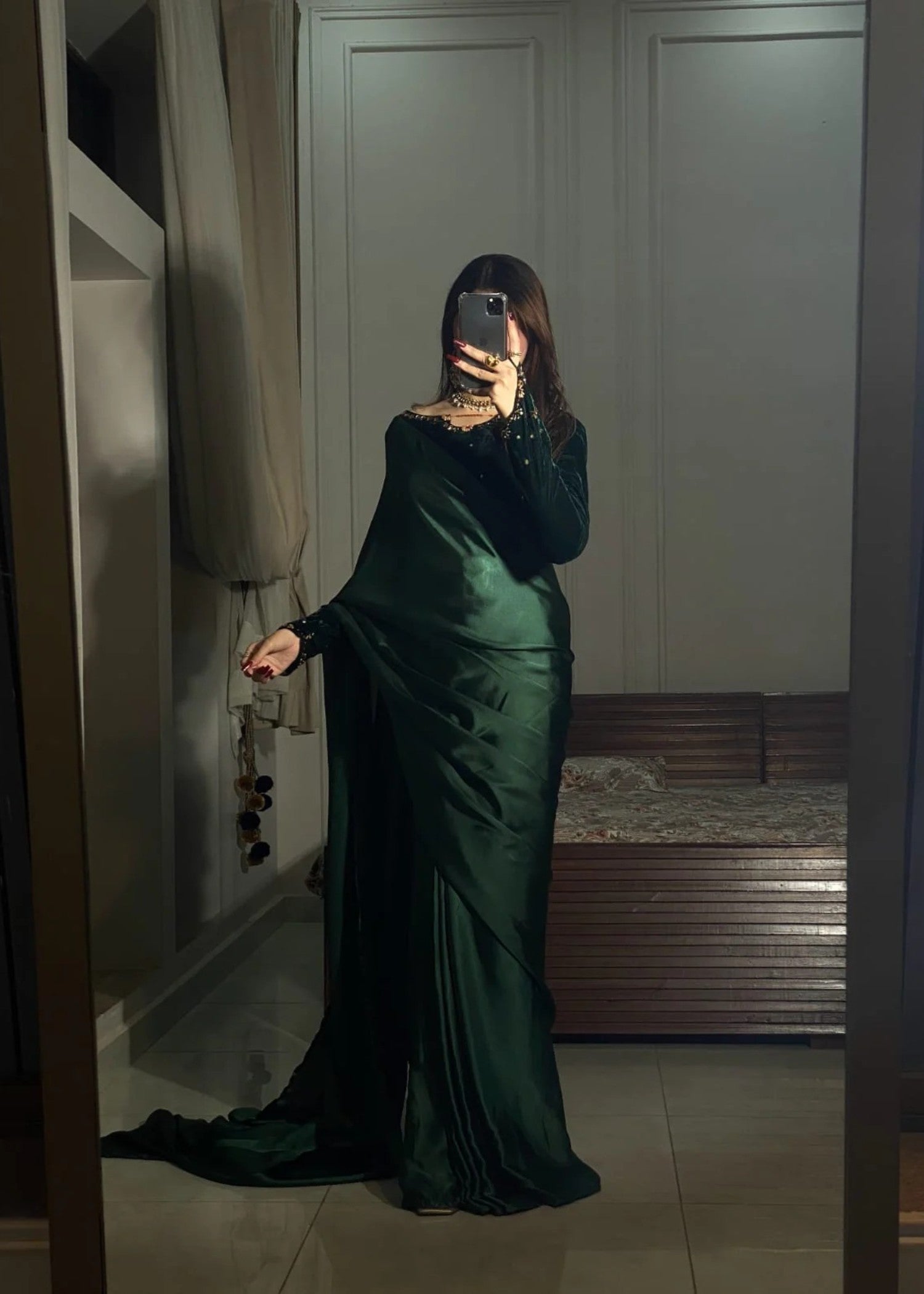 velvet Saree in Bottle green