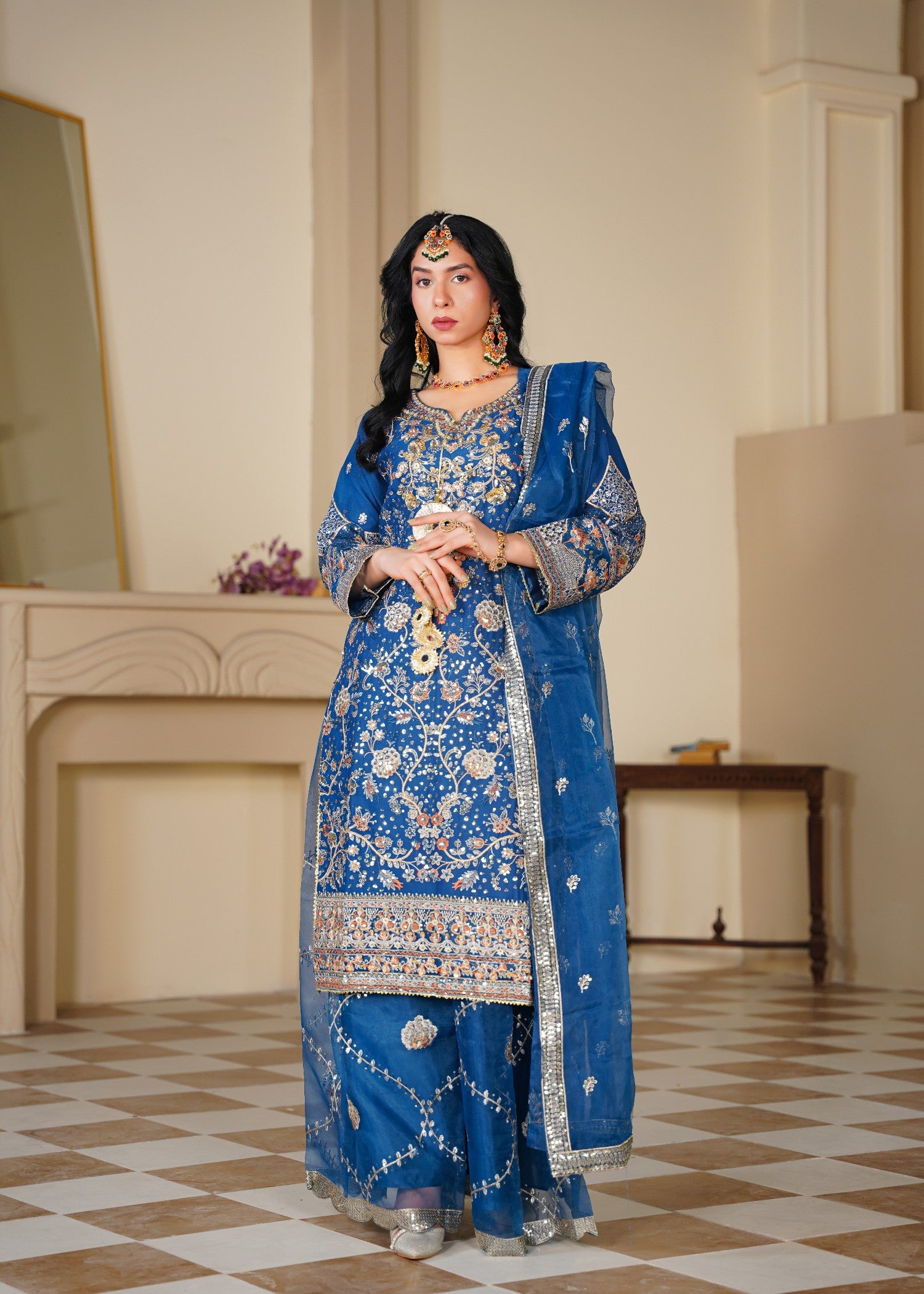 chiffon Sharara in Sapphire blue, gold