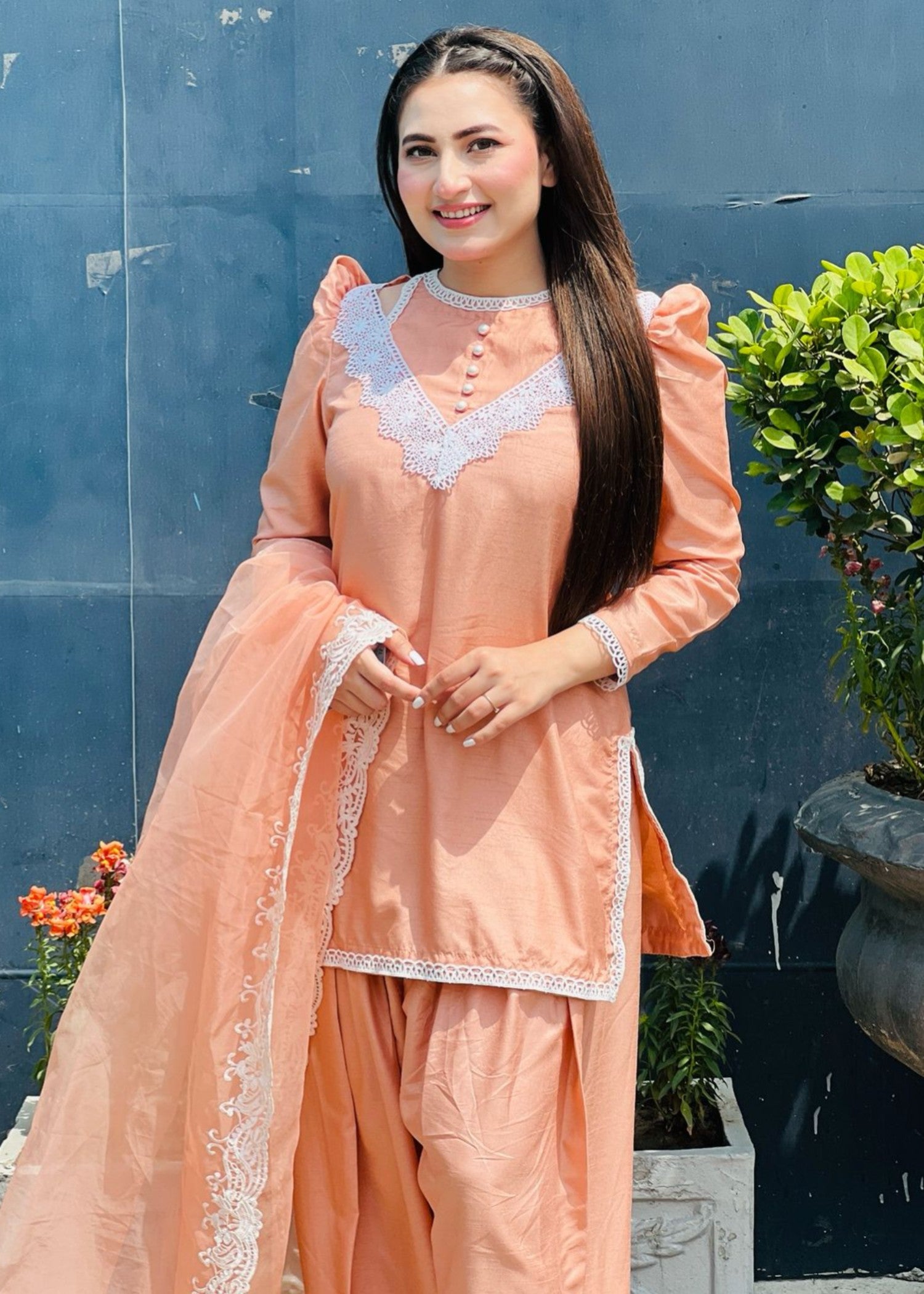 cotton silk Kurta Set in Peach orange