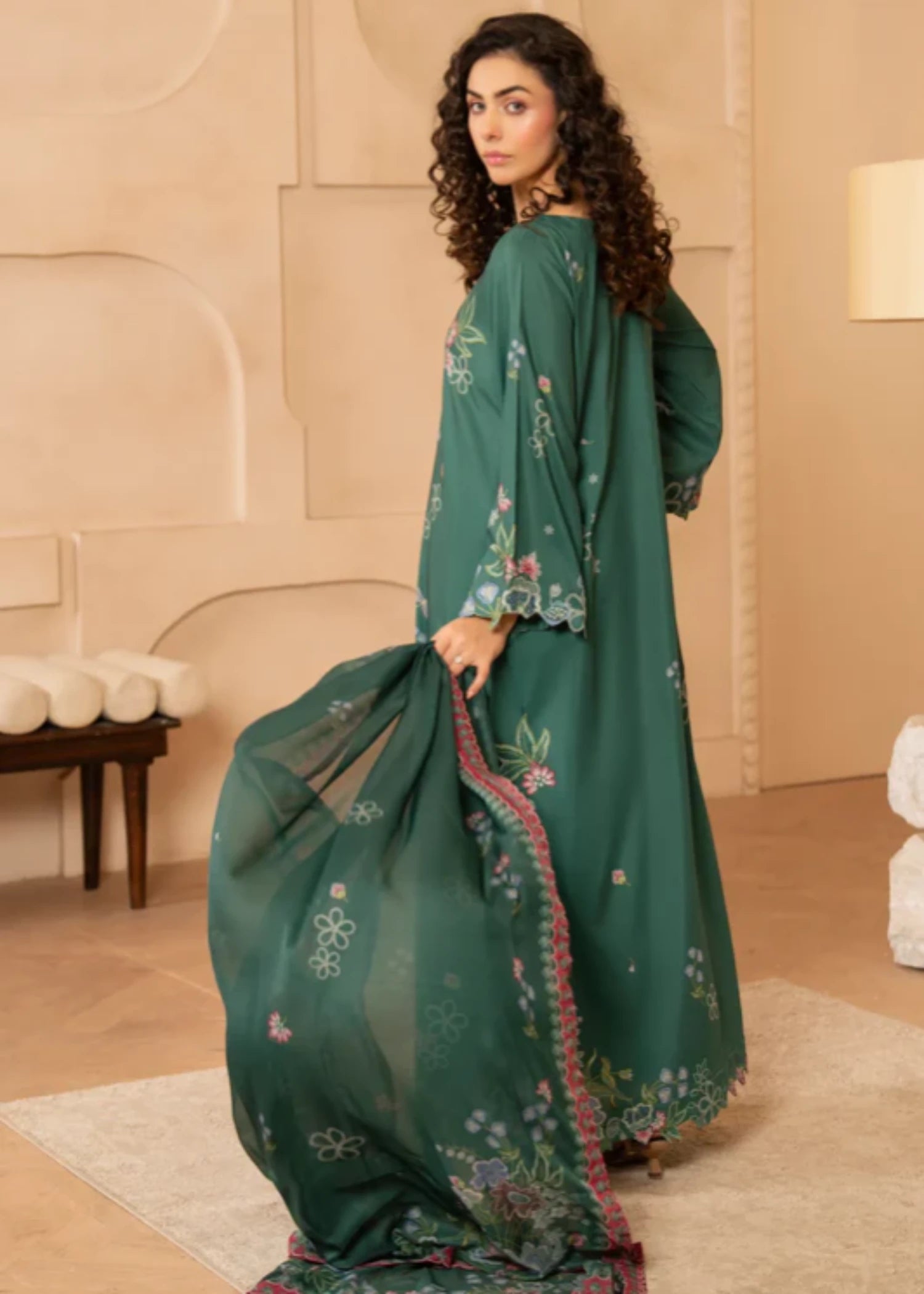 zari lawn Trousers in Bottle green