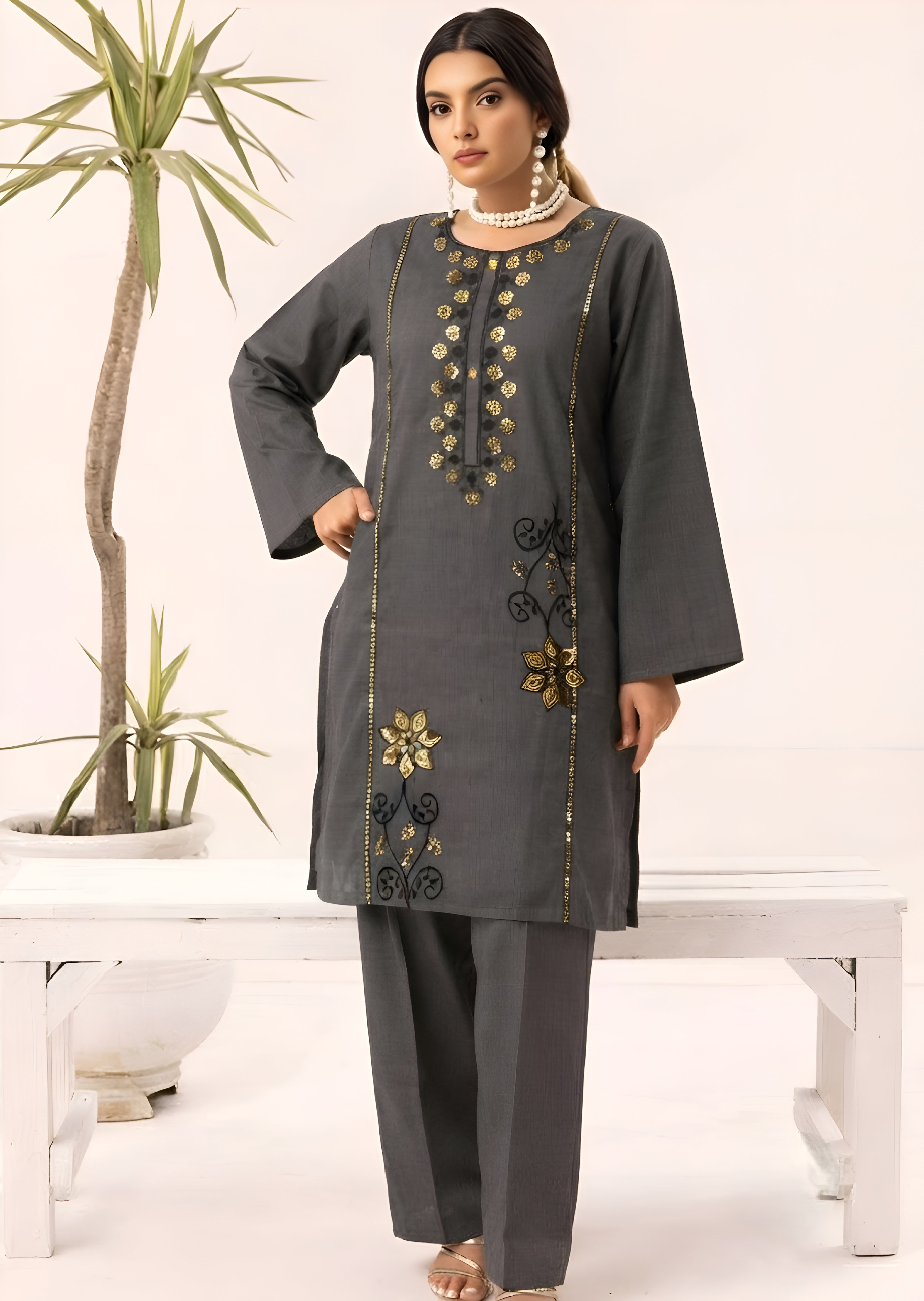 linen Kurta Set in Steal grey