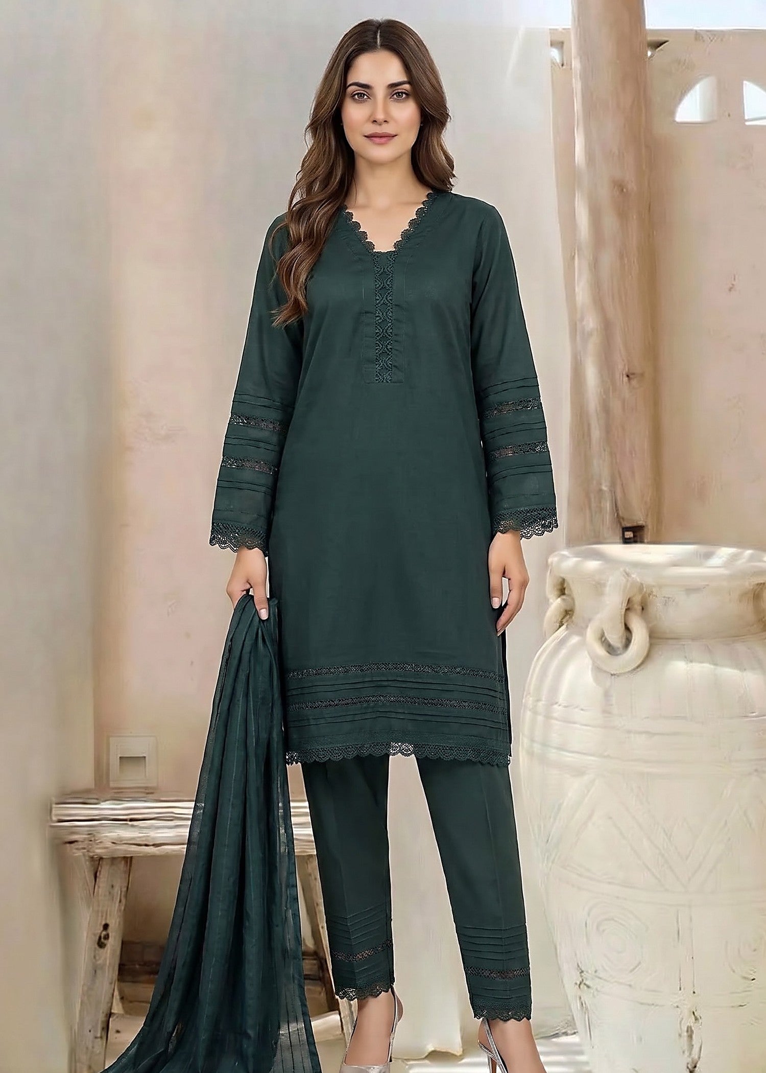 linen Kurta Set in Dark green