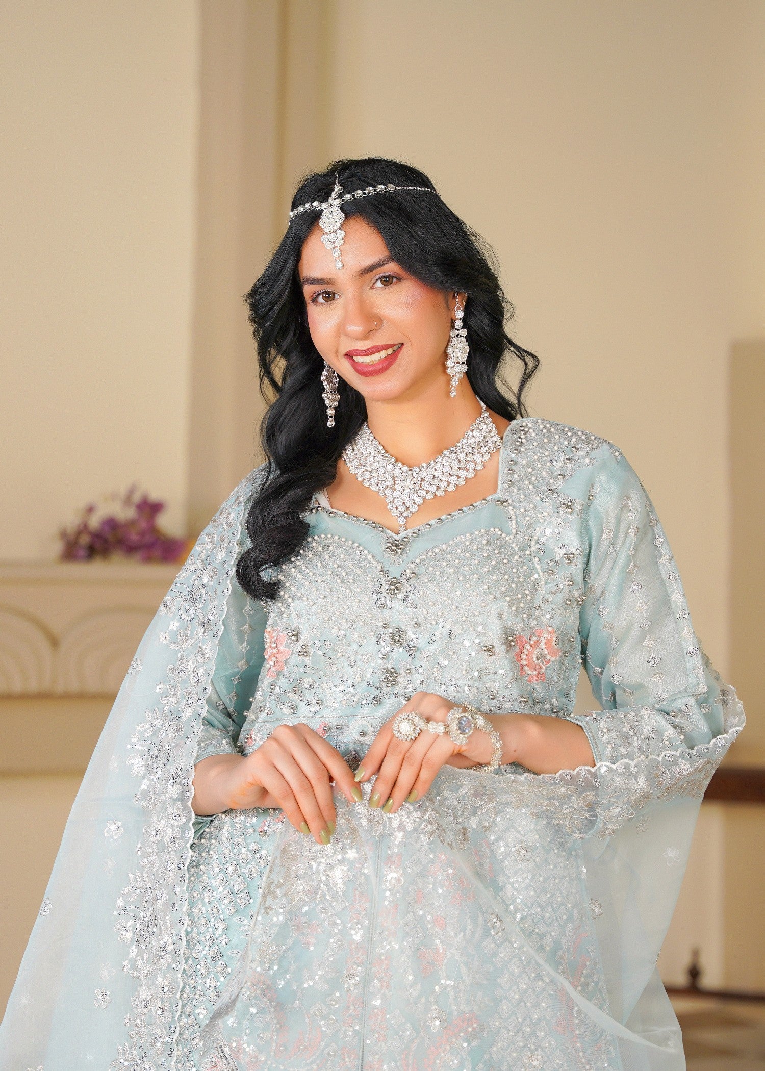 organza Sharara in Silver, ice blue
