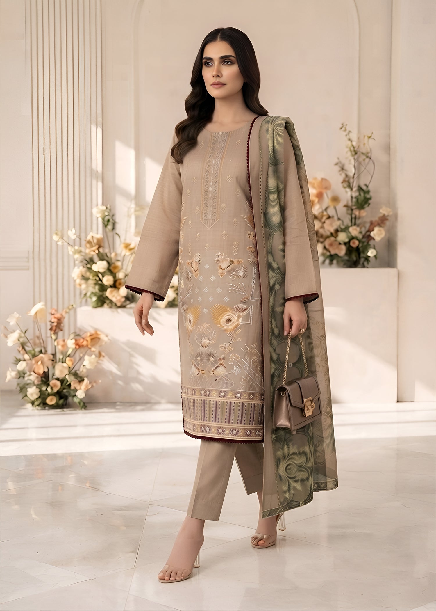 cotton jacquard Kurta Set in Beige